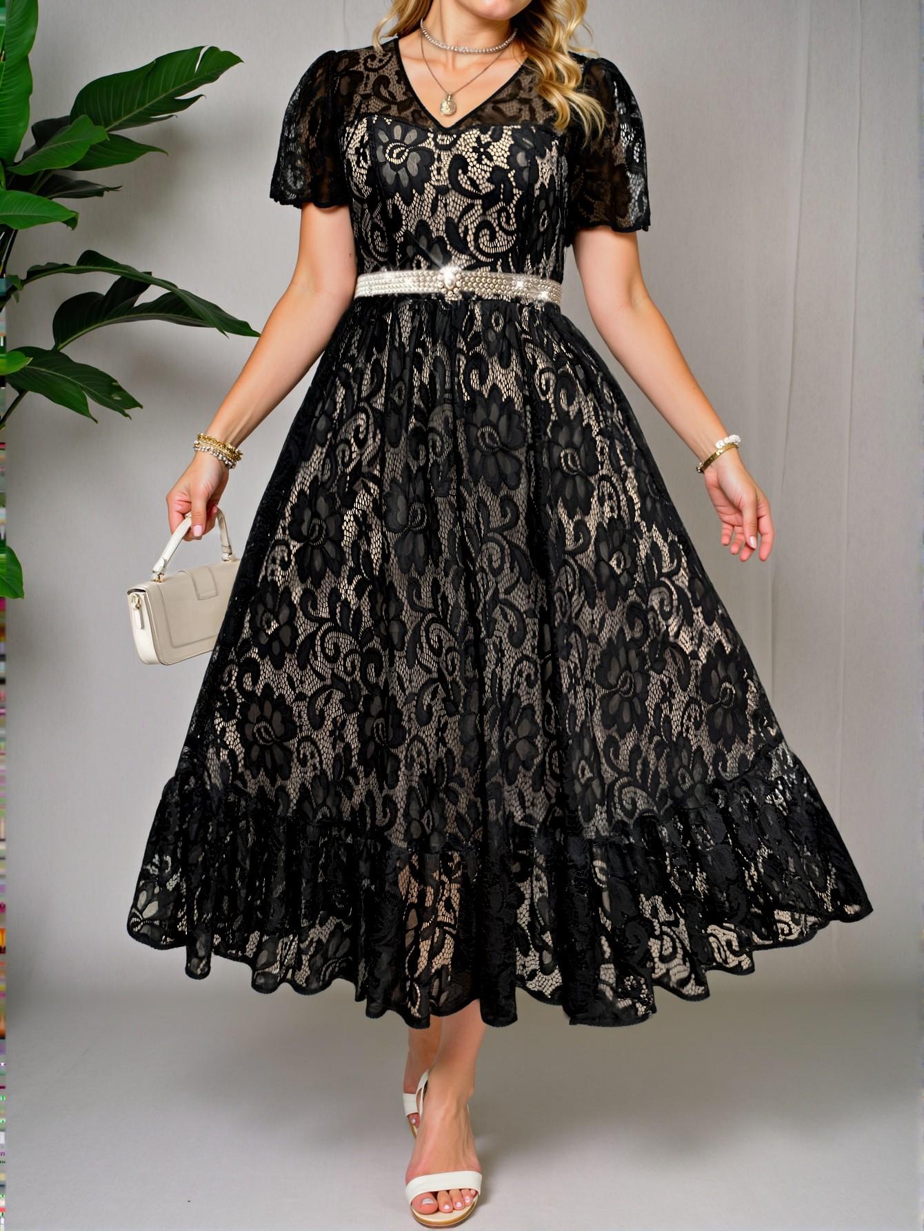 Elegant Black Flared Lace Maxi Dress for Spring and Summer - Chic, Classy and Trendy Fashion Style to Dress to Impress