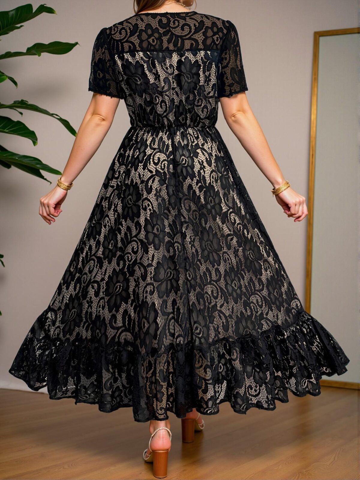 Elegant Black Flared Lace Maxi Dress for Spring and Summer - Chic, Classy and Trendy Fashion Style to Dress to Impress - Image 2