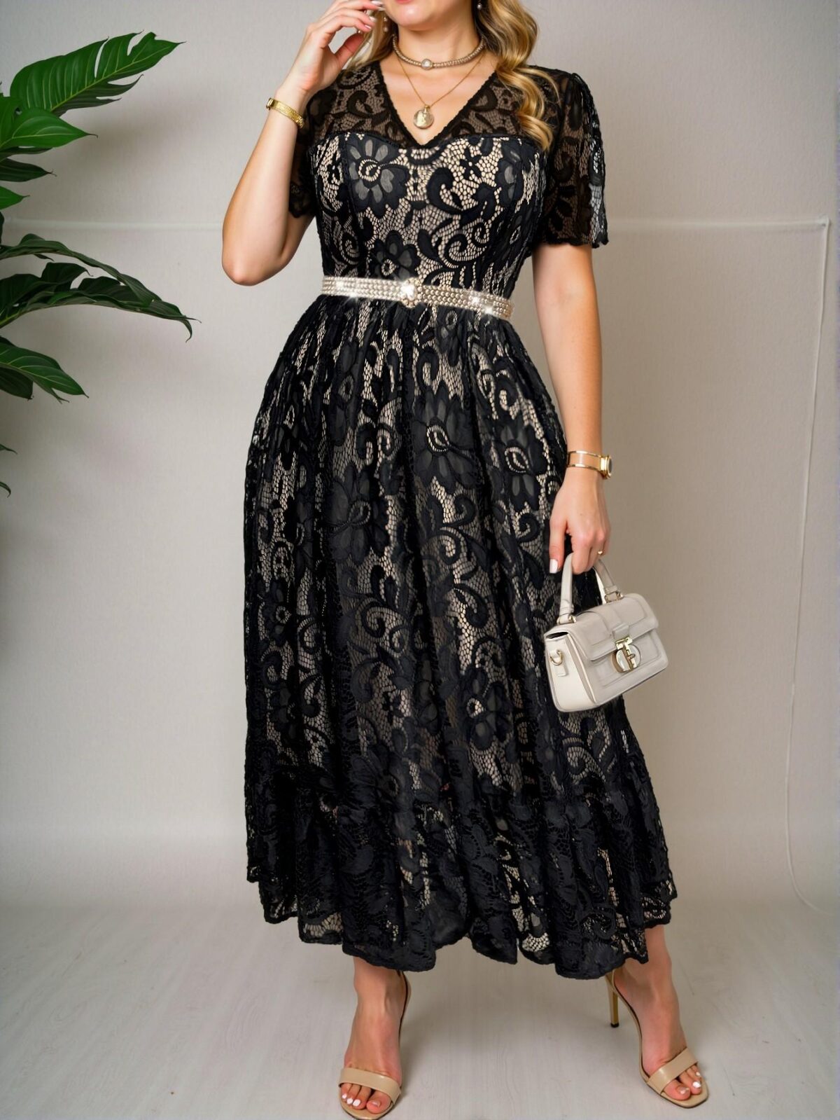 Elegant Black Flared Lace Maxi Dress for Spring and Summer - Chic, Classy and Trendy Fashion Style to Dress to Impress - Image 3