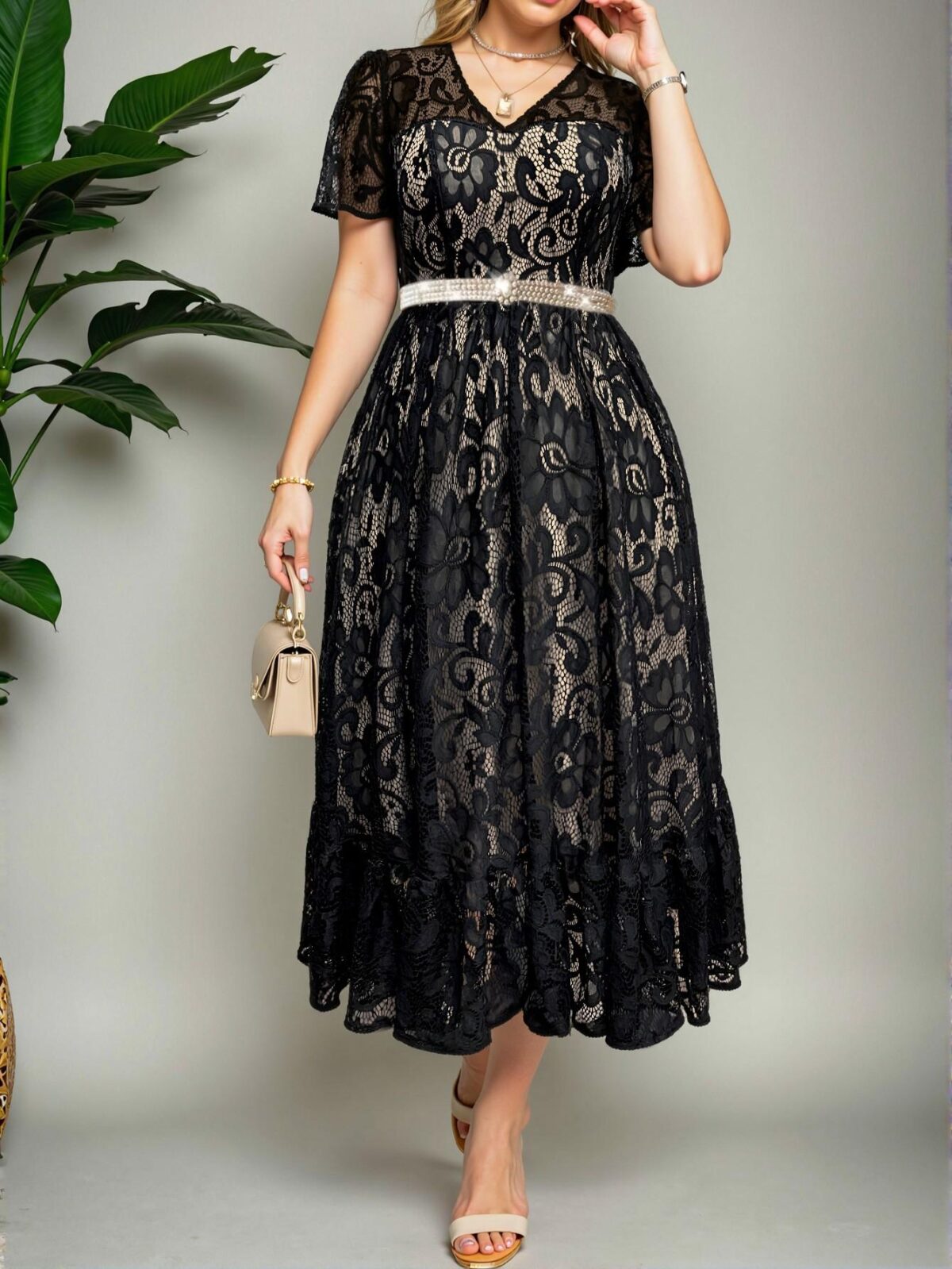 Elegant Black Flared Lace Maxi Dress for Spring and Summer - Chic, Classy and Trendy Fashion Style to Dress to Impress - Image 4
