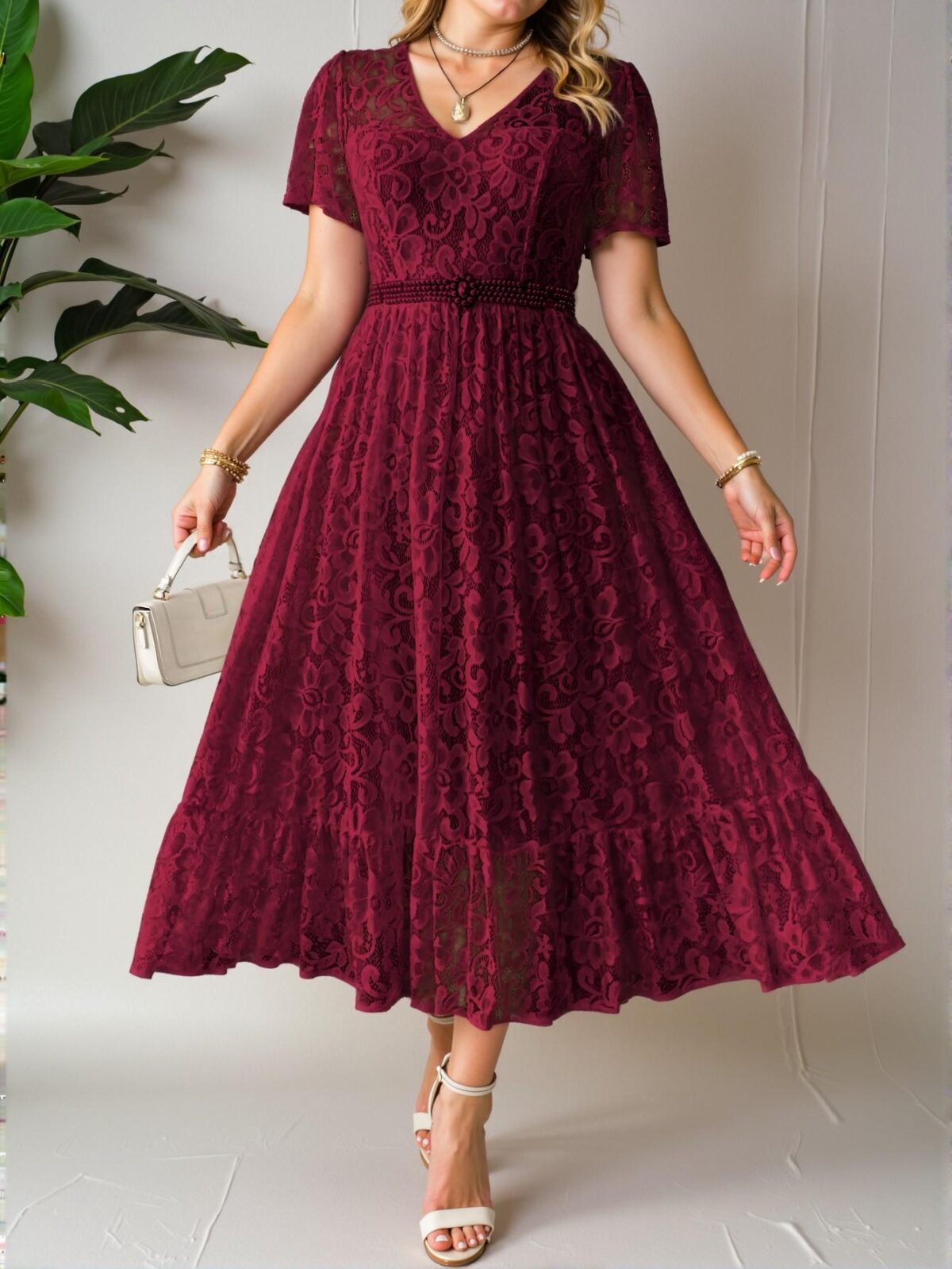 Elegant Burgundy Flared A-Line Dress with Lace and Ruffle Hem for Summer and Spring - Chic, Classy and Trendy Fashion Style to Dress to Impress