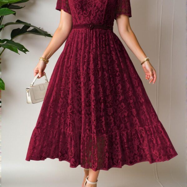 Elegant Burgundy Flared A-Line Dress with Lace and Ruffle Hem for Summer and Spring - Chic, Classy and Trendy Fashion Style to Dress to Impress