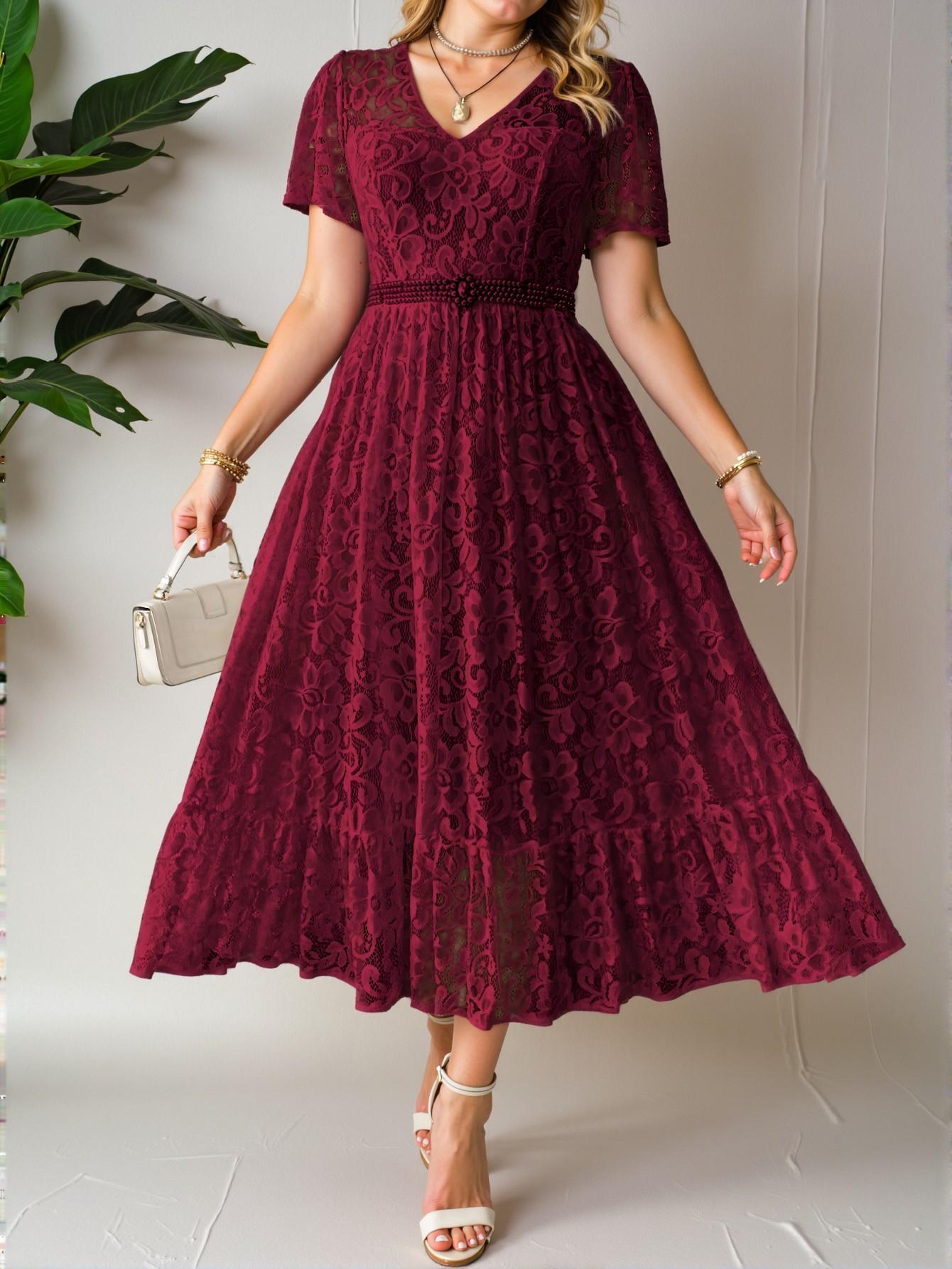 Elegant Burgundy Flared A-Line Dress with Lace and Ruffle Hem for Summer and Spring - Chic, Classy and Trendy Fashion Style to Dress to Impress