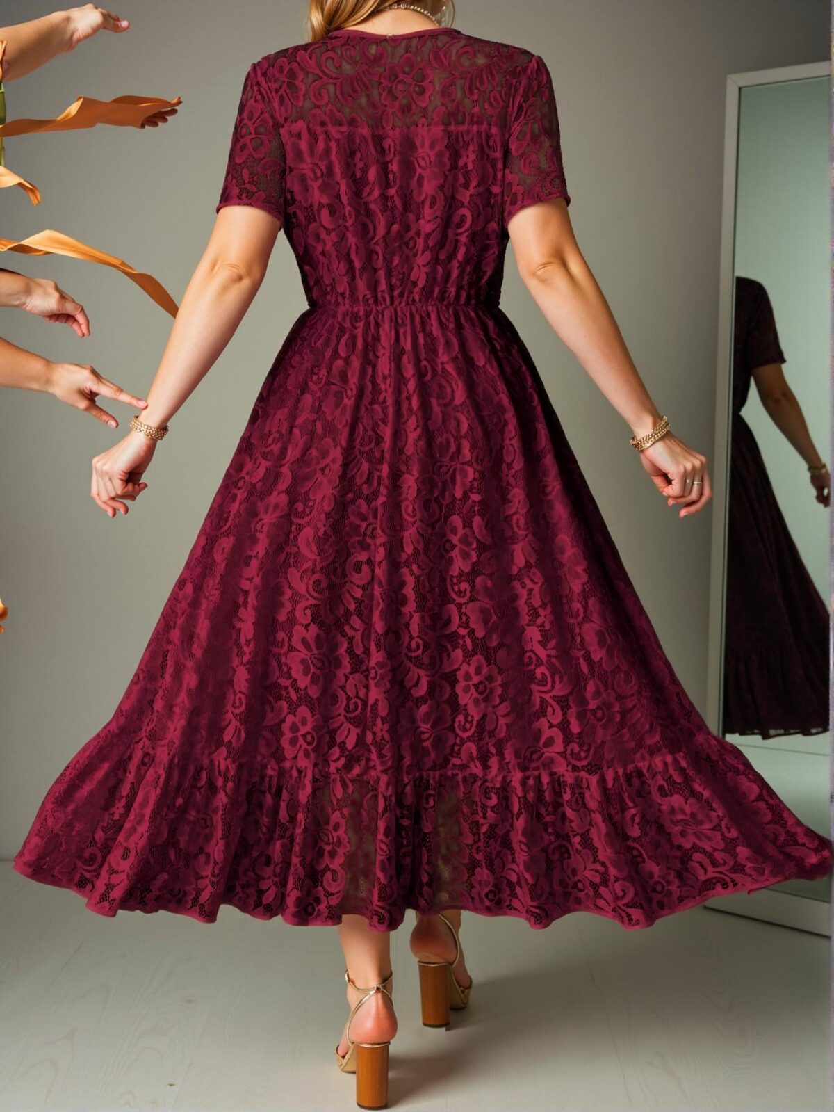 Elegant Burgundy Flared A-Line Dress with Lace and Ruffle Hem for Summer and Spring - Chic, Classy and Trendy Fashion Style to Dress to Impress - Image 2