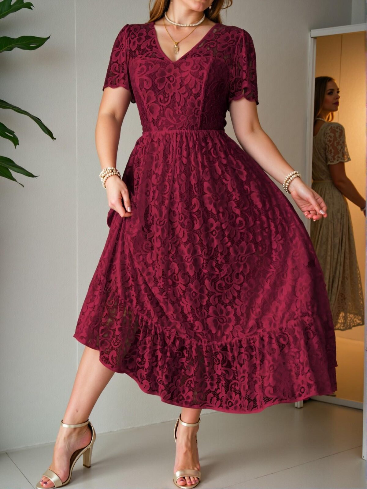Elegant Burgundy Flared A-Line Dress with Lace and Ruffle Hem for Summer and Spring - Chic, Classy and Trendy Fashion Style to Dress to Impress - Image 4