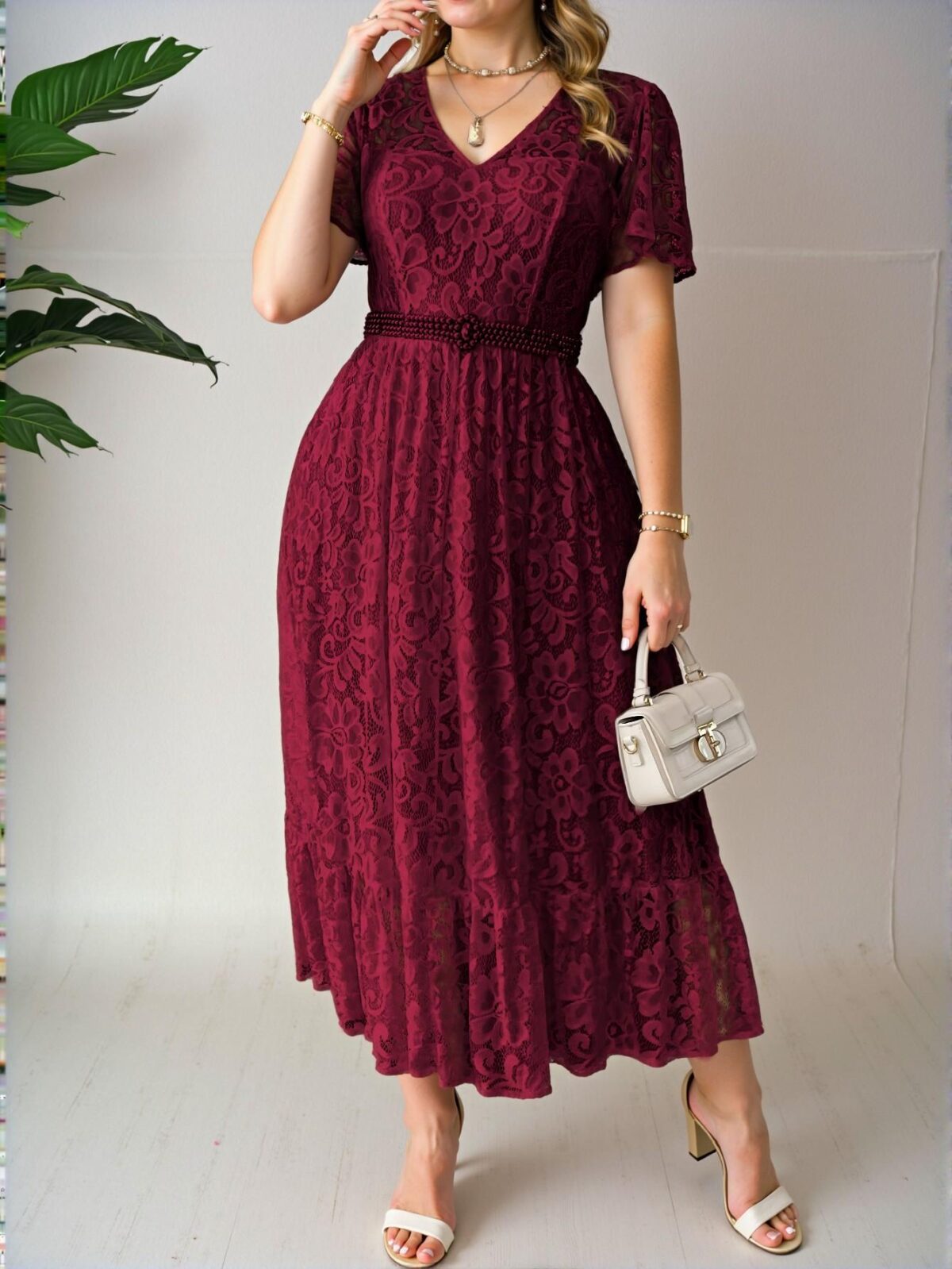Elegant Burgundy Flared A-Line Dress with Lace and Ruffle Hem for Summer and Spring - Chic, Classy and Trendy Fashion Style to Dress to Impress - Image 5
