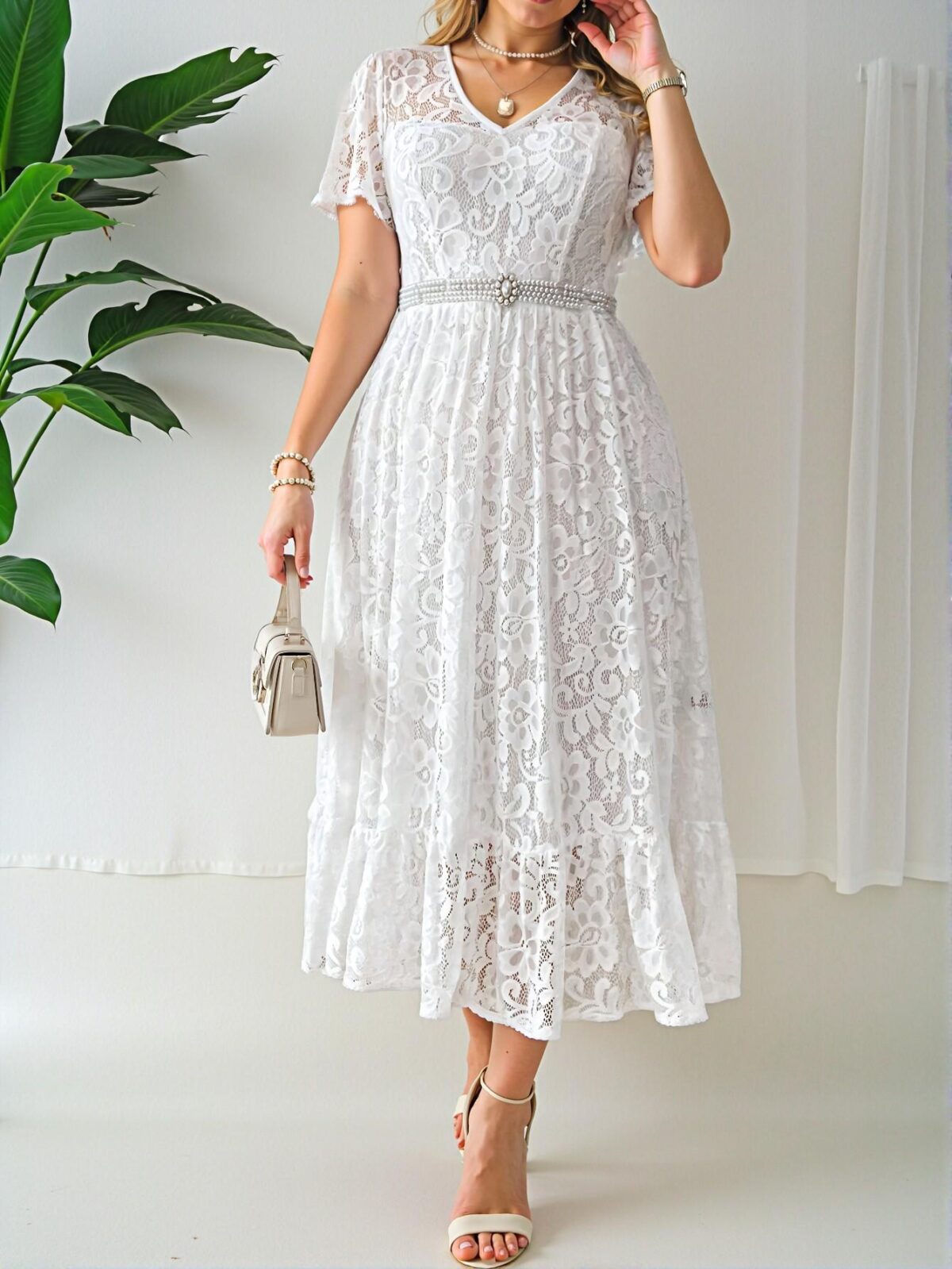 Elegant White Simple Lace-Decorated Maxi Dress for Holiday Parties and Casual Outings - Chic, Classy and Trendy Fashion Style to Dress to Impress - Image 4