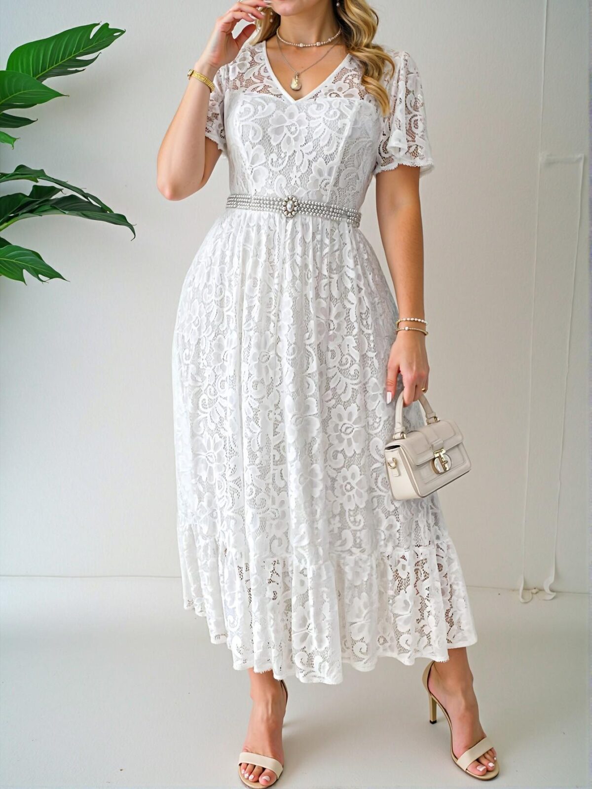 Elegant White Simple Lace-Decorated Maxi Dress for Holiday Parties and Casual Outings - Chic, Classy and Trendy Fashion Style to Dress to Impress - Image 5