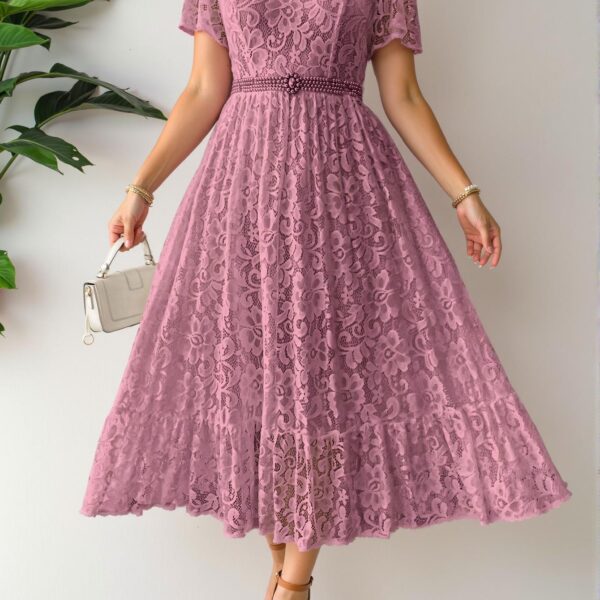 Elegant Dusty Pink Flounce Sleeve V-Neck Lace Ruffle Hem Maxi Dress Perfect for Weddings in Spring and Summer - Chic, Classy and Trendy Fashion Style to Dress to Impress