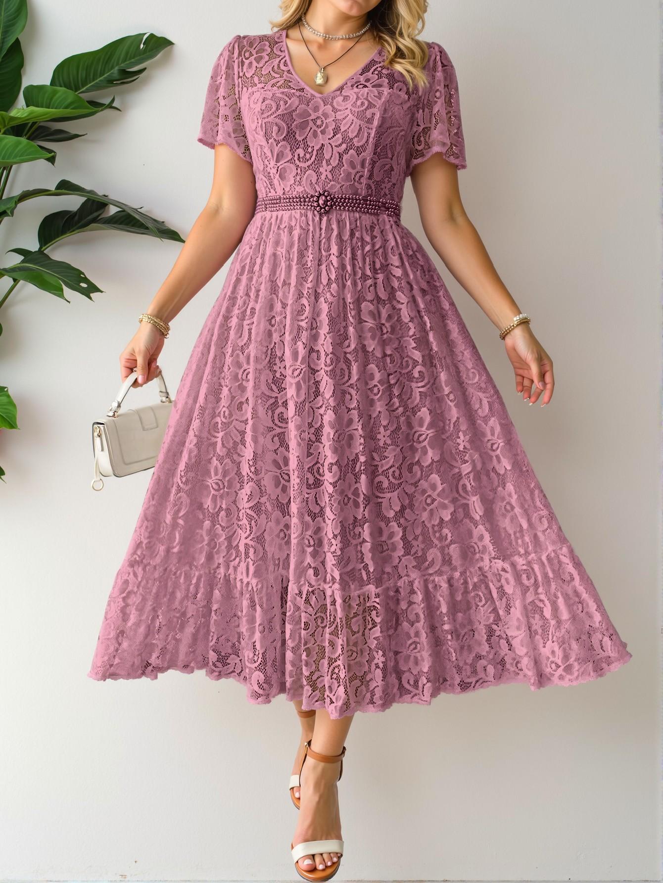 Elegant Dusty Pink Flounce Sleeve V-Neck Lace Ruffle Hem Maxi Dress Perfect for Weddings in Spring and Summer - Chic, Classy and Trendy Fashion Style to Dress to Impress