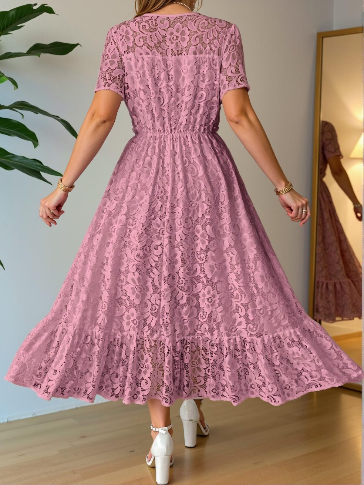 Elegant Dusty Pink Flounce Sleeve V-Neck Lace Ruffle Hem Maxi Dress Perfect for Weddings in Spring and Summer - Chic, Classy and Trendy Fashion Style to Dress to Impress - Image 2
