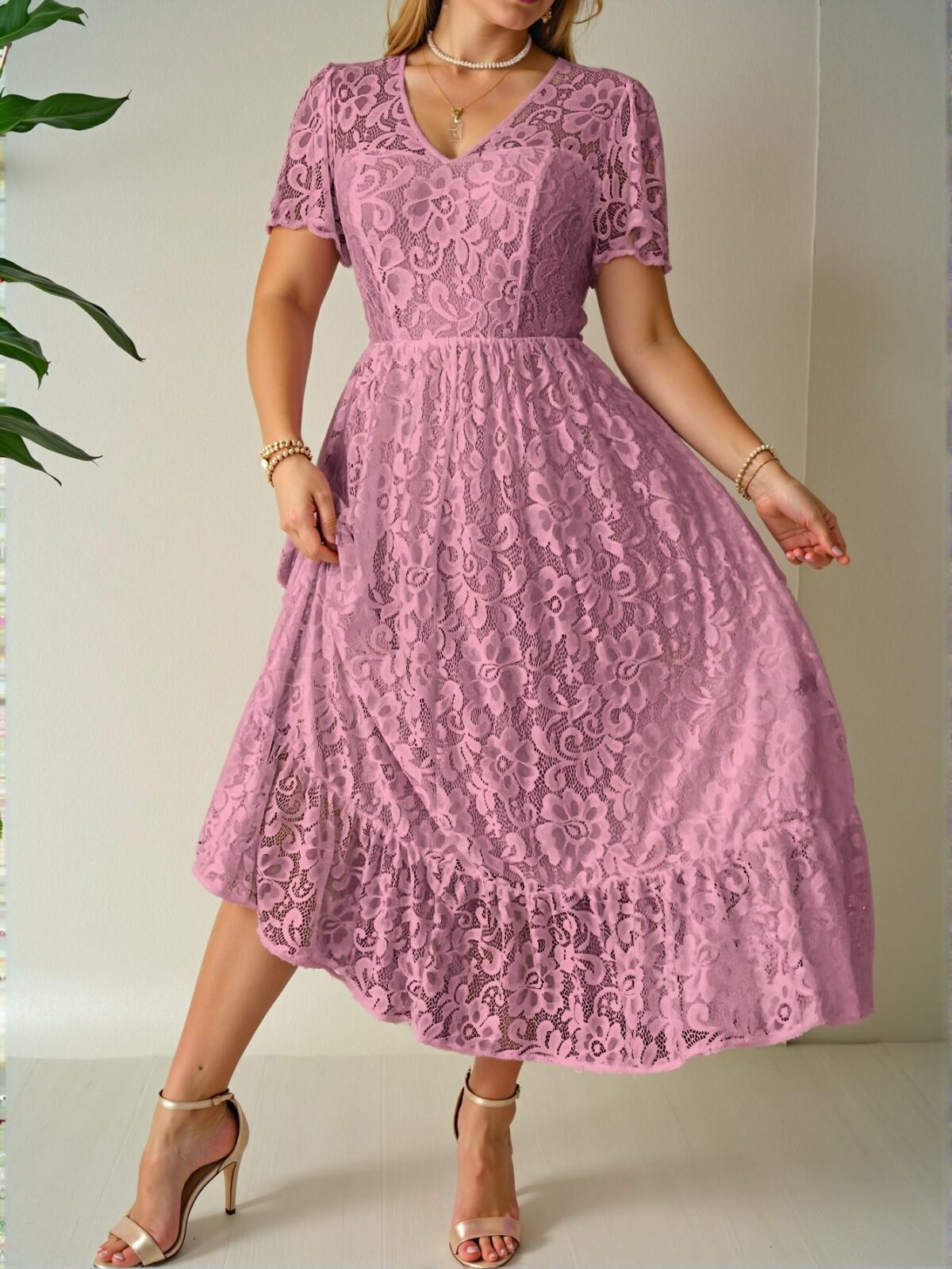 Elegant Dusty Pink Flounce Sleeve V-Neck Lace Ruffle Hem Maxi Dress Perfect for Weddings in Spring and Summer - Chic, Classy and Trendy Fashion Style to Dress to Impress - Image 3