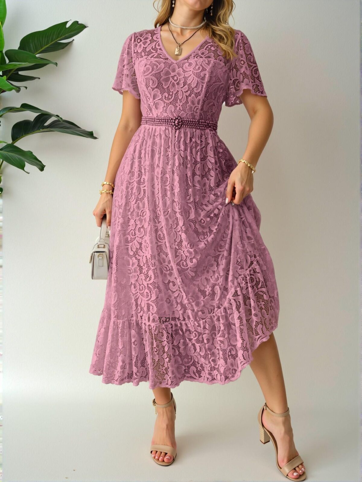 Elegant Dusty Pink Flounce Sleeve V-Neck Lace Ruffle Hem Maxi Dress Perfect for Weddings in Spring and Summer - Chic, Classy and Trendy Fashion Style to Dress to Impress - Image 4