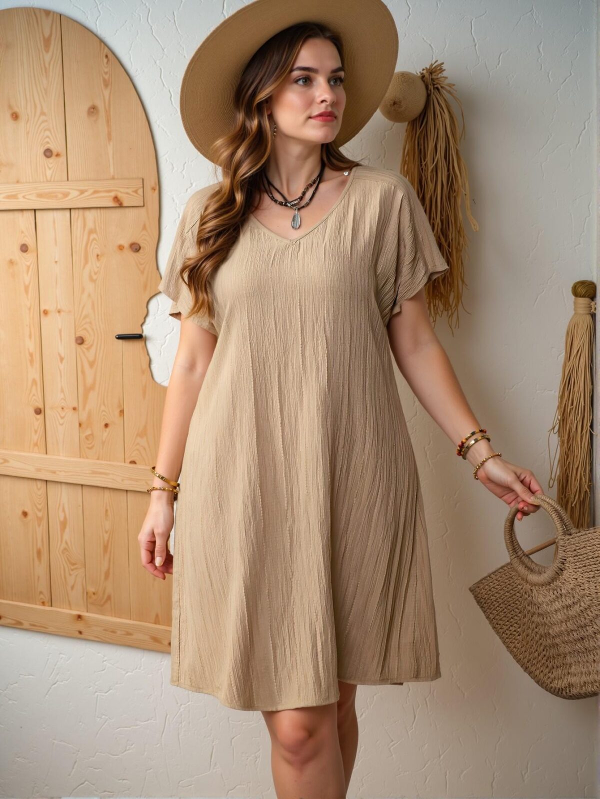 Elegant Apricot Effortless V-Neck Batwing Sleeve Casual Shift Dress for Vacation and Summer Outfits in a Boho Style "Chic, Classy and Trendy Fashion Style to Dress to Impress" - Image 3