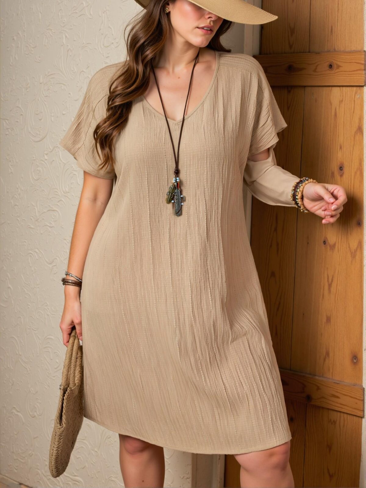 Elegant Apricot Effortless V-Neck Batwing Sleeve Casual Shift Dress for Vacation and Summer Outfits in a Boho Style "Chic, Classy and Trendy Fashion Style to Dress to Impress" - Image 5