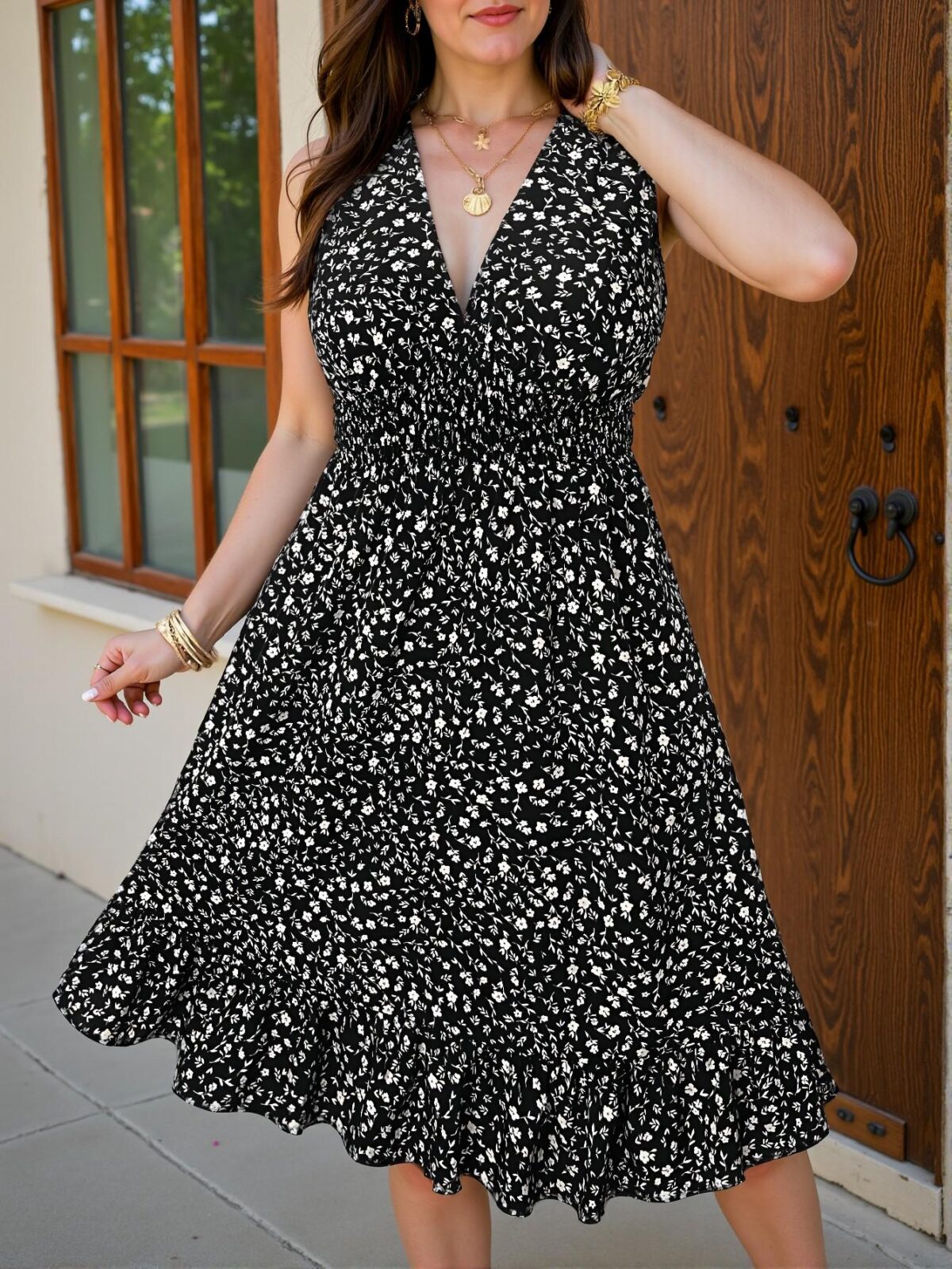 Elegant Multicolor Charming Floral V-Neck Sleeveless A-Line Ruffle Hem Dress Perfect for Spring and Summer Chic, Classy, and Trendy Fashion Style to Dress to Impress - Image 4