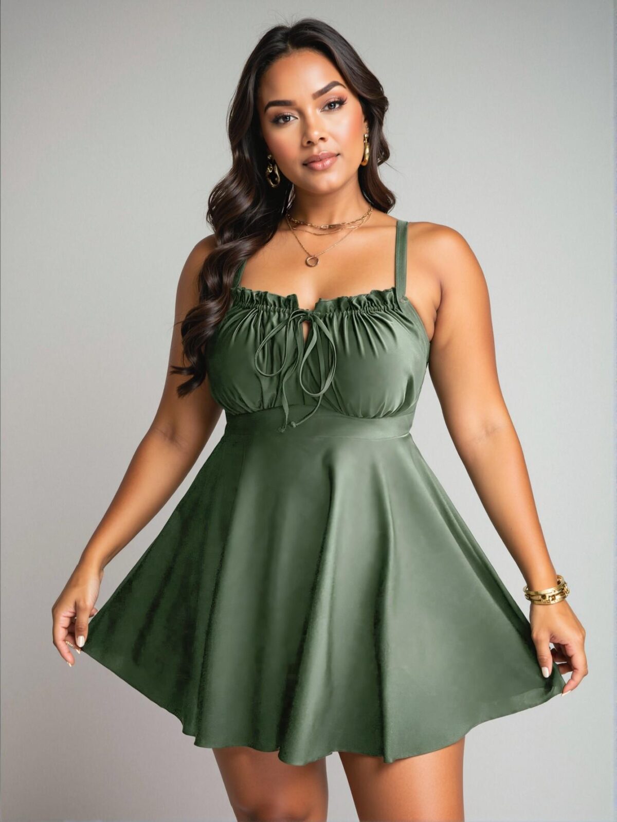 Elegant Army Green Fashionable Plus Size Swimsuit Dress with Ruffled Front Tie for Spring and Summer Chic, Classy and Trendy Fashion Style to Dress to Impress - Image 3