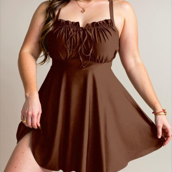 Elegant Brown Flattering Plus Size Swimdress with Ruffled Tie-Up Front for Warm Spring and Summer Days - Chic, Classy and Trendy Fashion Style to Dress to Impress