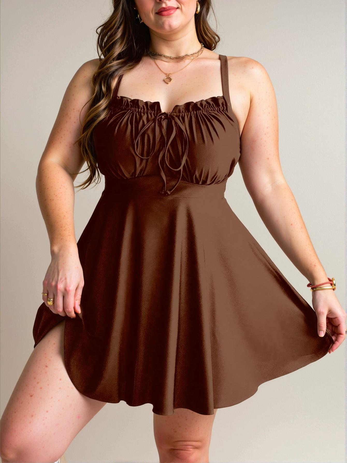 Elegant Brown Flattering Plus Size Swimdress with Ruffled Tie-Up Front for Warm Spring and Summer Days - Chic, Classy and Trendy Fashion Style to Dress to Impress