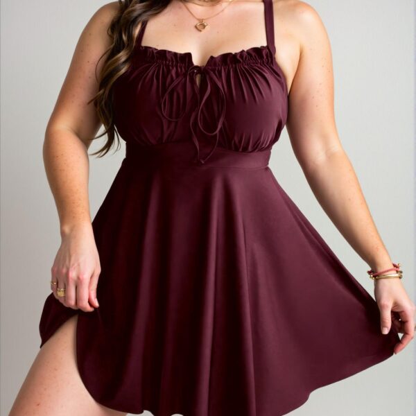 Elegant Burgundy Relaxed Plus Size Women's Swim Dress with Ruffle Detail and Tie Front for Spring and Summer - Chic, Classy and Trendy Fashion Style to Dress to Impress