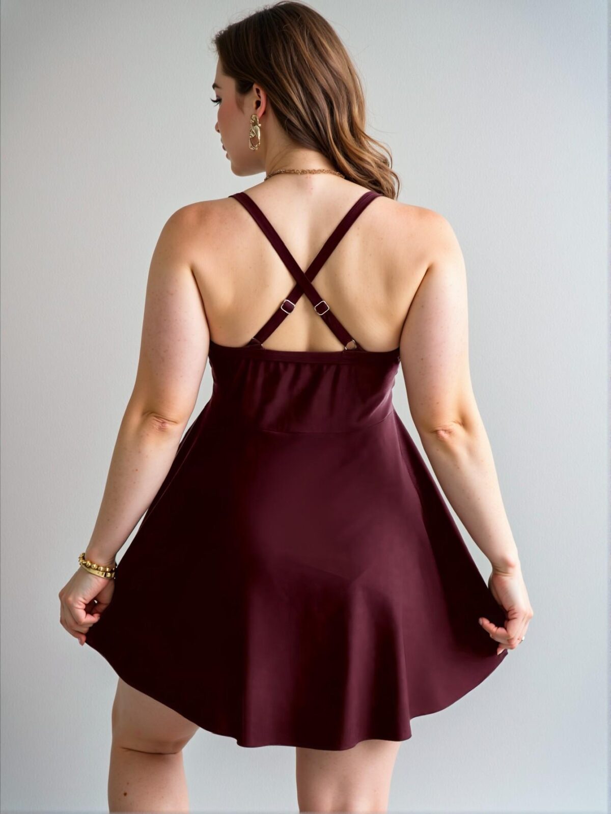 Elegant Burgundy Relaxed Plus Size Women's Swim Dress with Ruffle Detail and Tie Front for Spring and Summer - Chic, Classy and Trendy Fashion Style to Dress to Impress - Image 2
