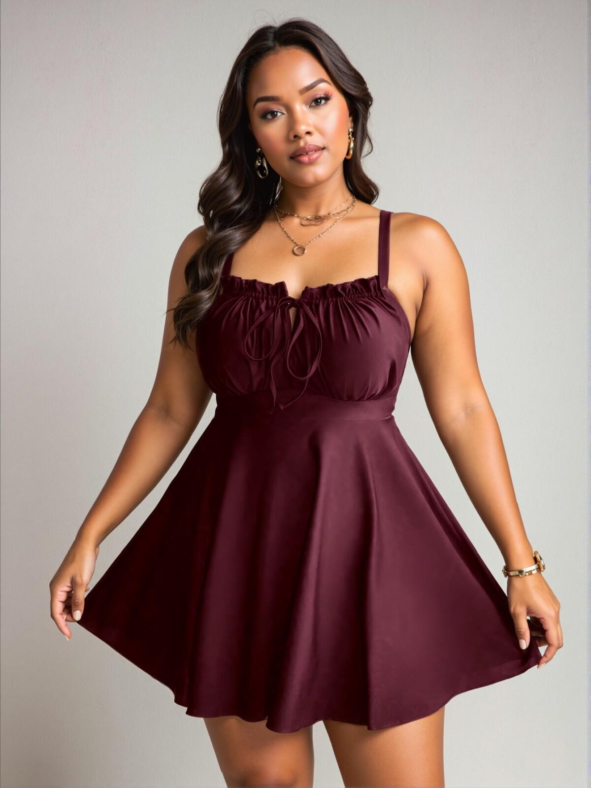 Elegant Burgundy Relaxed Plus Size Women's Swim Dress with Ruffle Detail and Tie Front for Spring and Summer - Chic, Classy and Trendy Fashion Style to Dress to Impress - Image 4