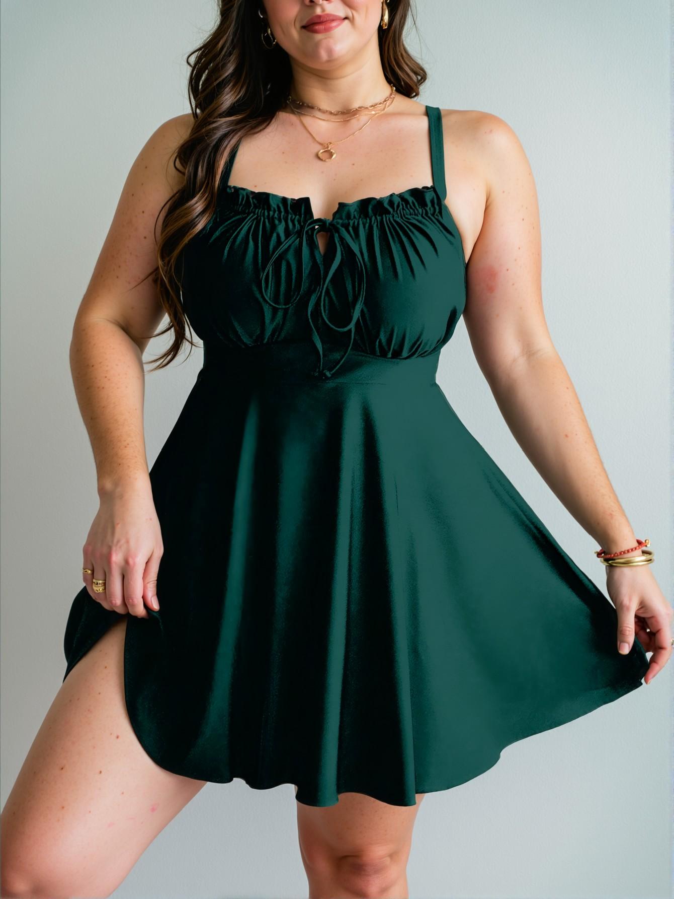Elegant Dark Green Stylish Plus Size Women's Ruffled Tie Front Swimdress for Spring and Summer: Chic, Classy and Trendy Fashion Style to Dress to Impress