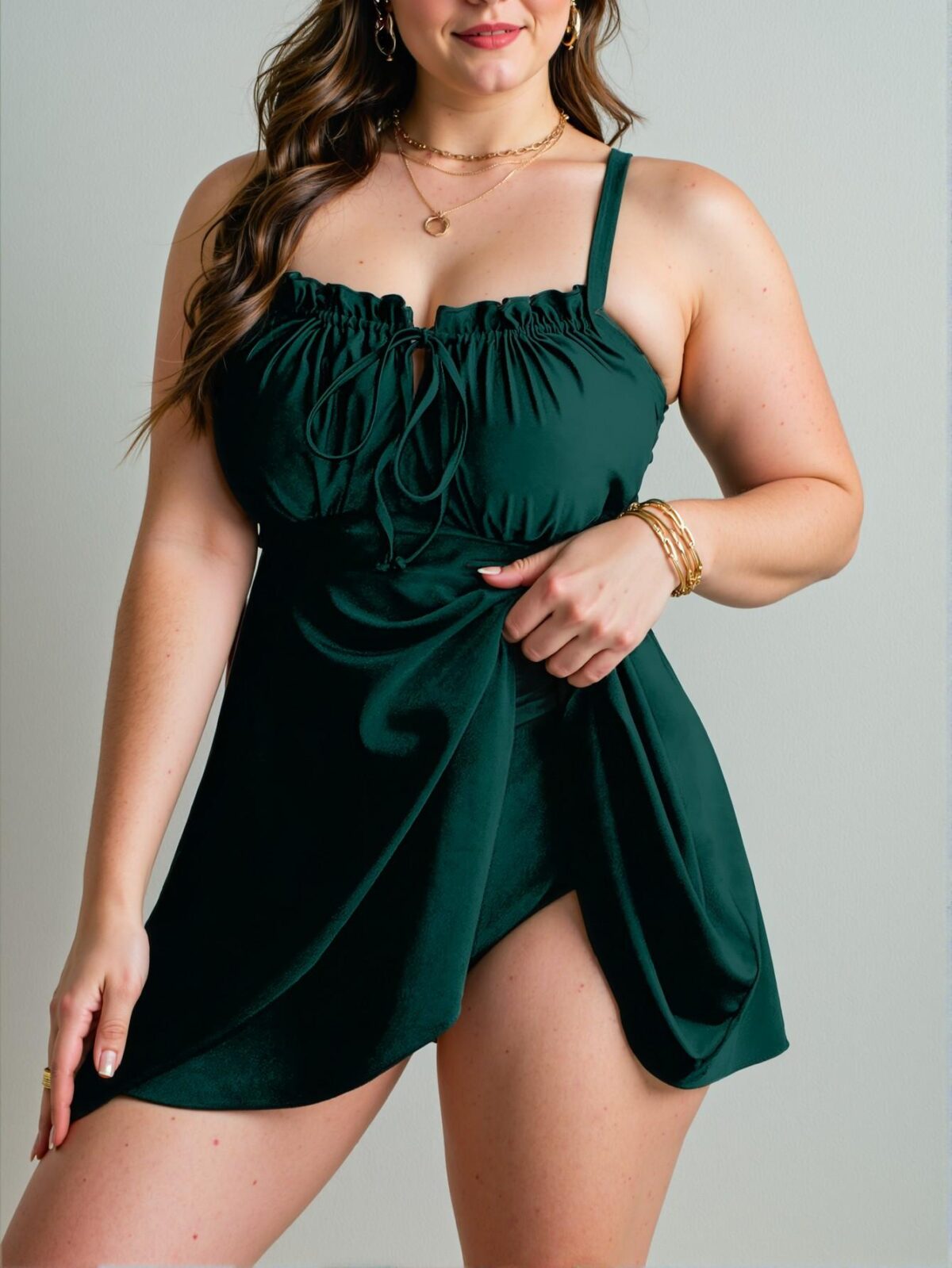 Elegant Dark Green Stylish Plus Size Women's Ruffled Tie Front Swimdress for Spring and Summer: Chic, Classy and Trendy Fashion Style to Dress to Impress - Image 4