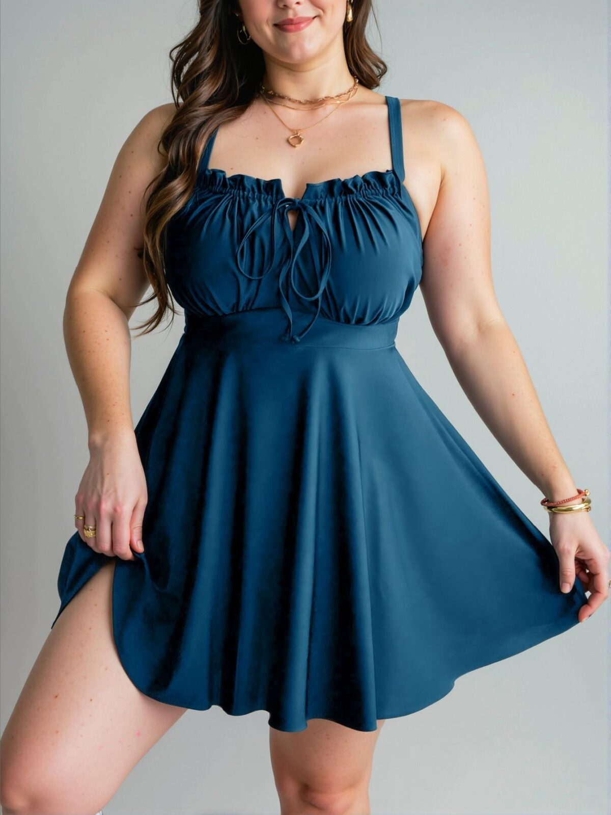 Elegant Teal Blue Stylish Plus Size Ruffle Tie Front Swimdress for Spring and Summer - Chic, Classy and Trendy Fashion Style to Dress to Impress