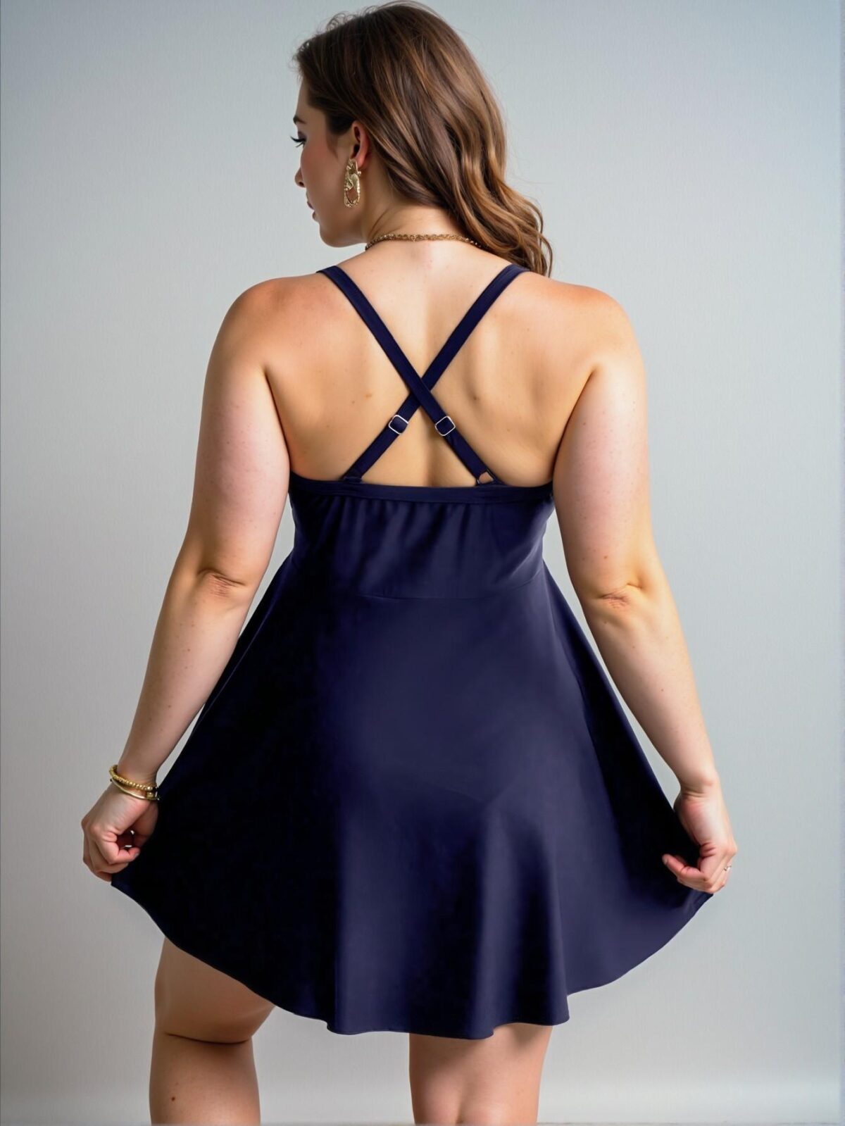Elegant Navy Blue Flattering Plus Size Swim Dress with Ruffle Trim and Tie Front for Your Summer Beach Getaway Chic, Classy and Trendy Fashion Style to Dress to Impress - Image 2