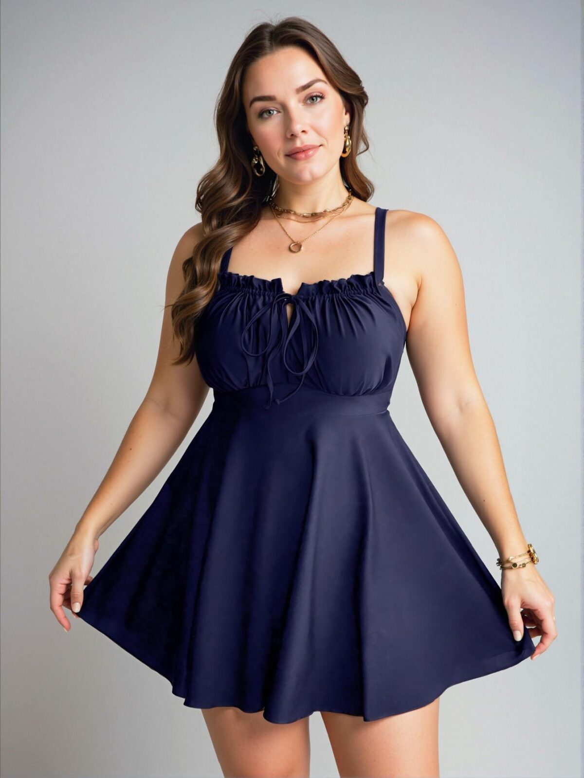 Elegant Navy Blue Flattering Plus Size Swim Dress with Ruffle Trim and Tie Front for Your Summer Beach Getaway Chic, Classy and Trendy Fashion Style to Dress to Impress - Image 3