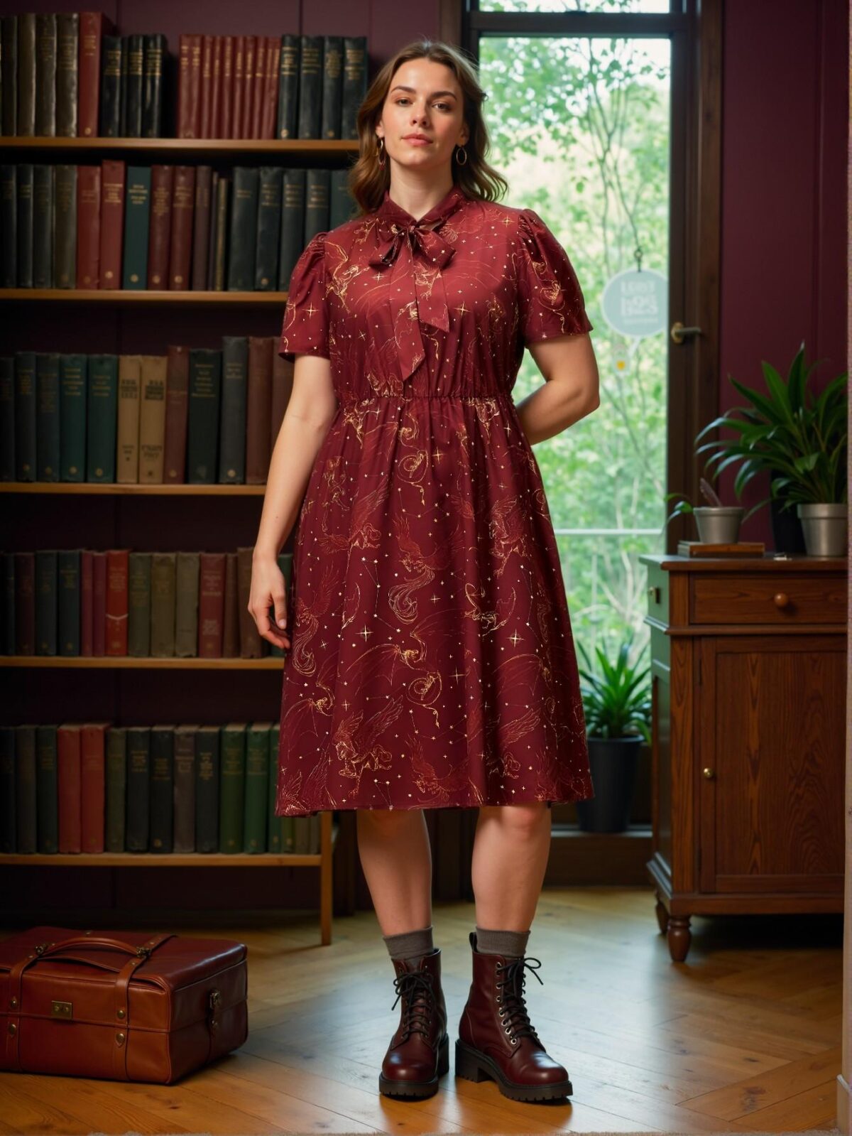 Elegant Burgundy Alluring Plus Size Tie Neck Puff Sleeve Flared Magical Creature Print Summer Dress for Spring and Summer Chic, Classy and Trendy Fashion Style to Dress to Impress