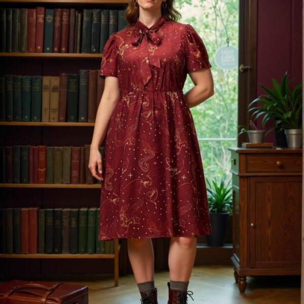 Elegant Burgundy Alluring Plus Size Tie Neck Puff Sleeve Flared Magical Creature Print Summer Dress for Spring and Summer Chic, Classy and Trendy Fashion Style to Dress to Impress