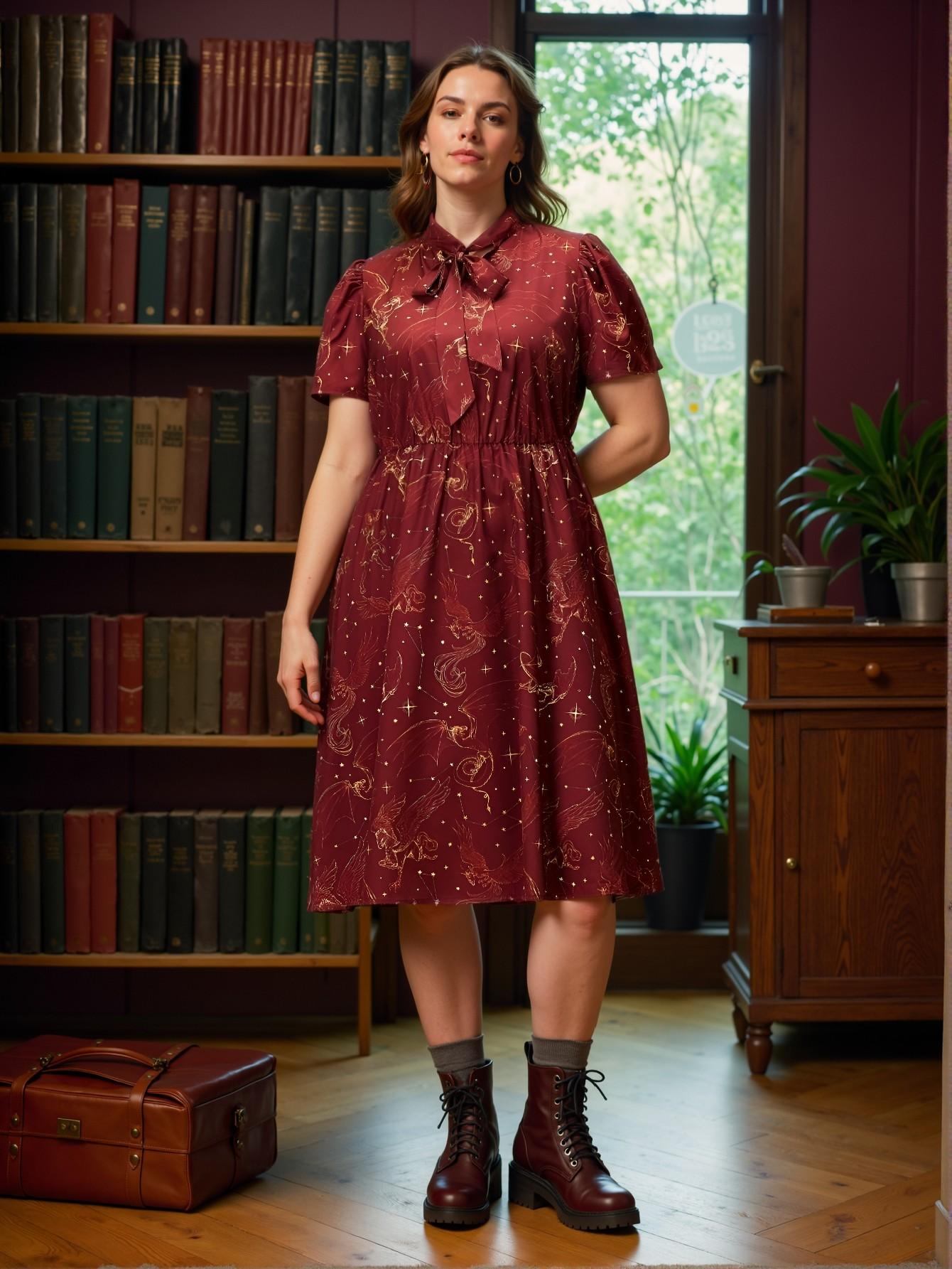 Elegant Burgundy Alluring Plus Size Tie Neck Puff Sleeve Flared Magical Creature Print Summer Dress for Spring and Summer Chic, Classy and Trendy Fashion Style to Dress to Impress