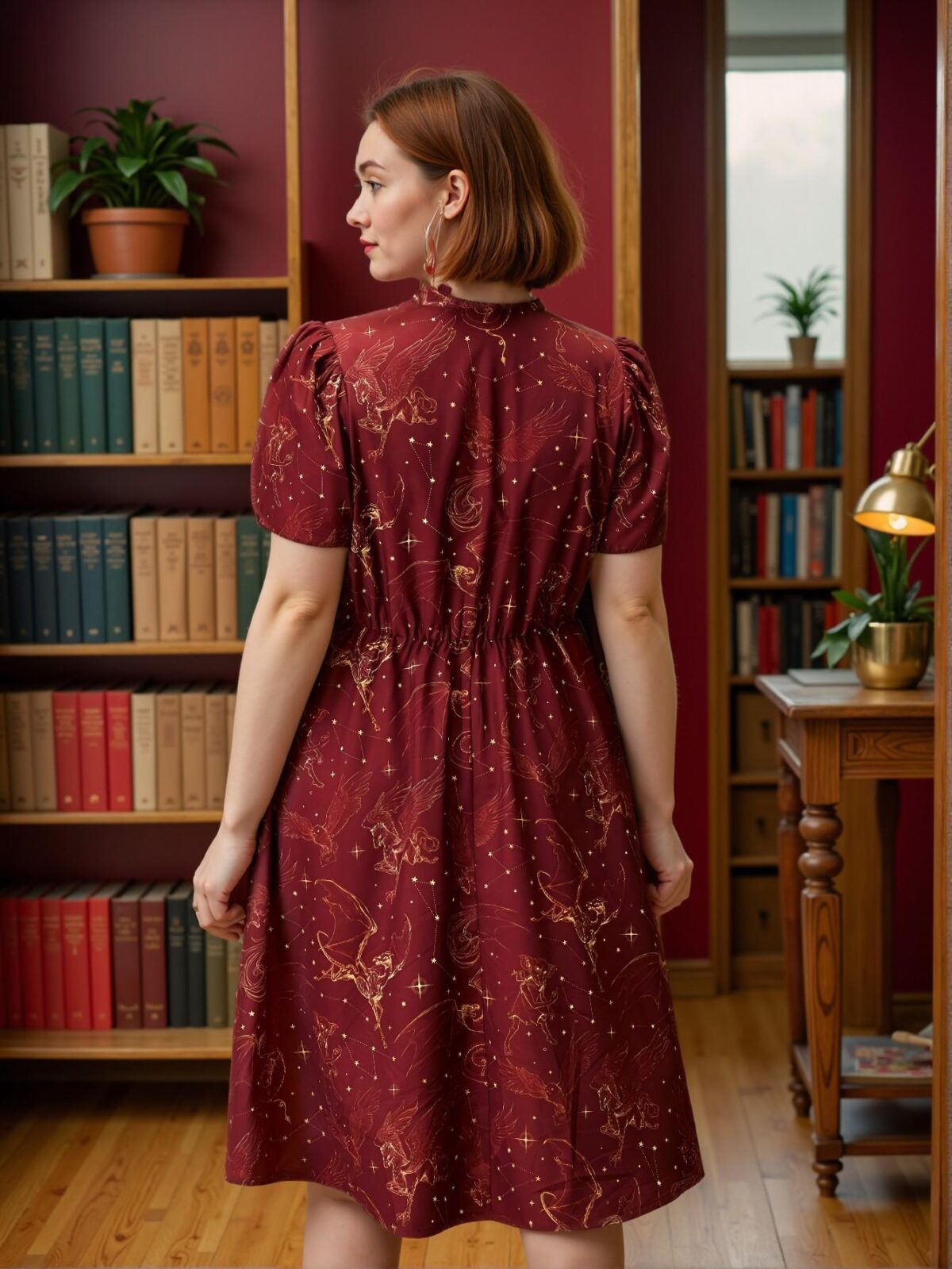 Elegant Burgundy Alluring Plus Size Tie Neck Puff Sleeve Flared Magical Creature Print Summer Dress for Spring and Summer Chic, Classy and Trendy Fashion Style to Dress to Impress - Image 2