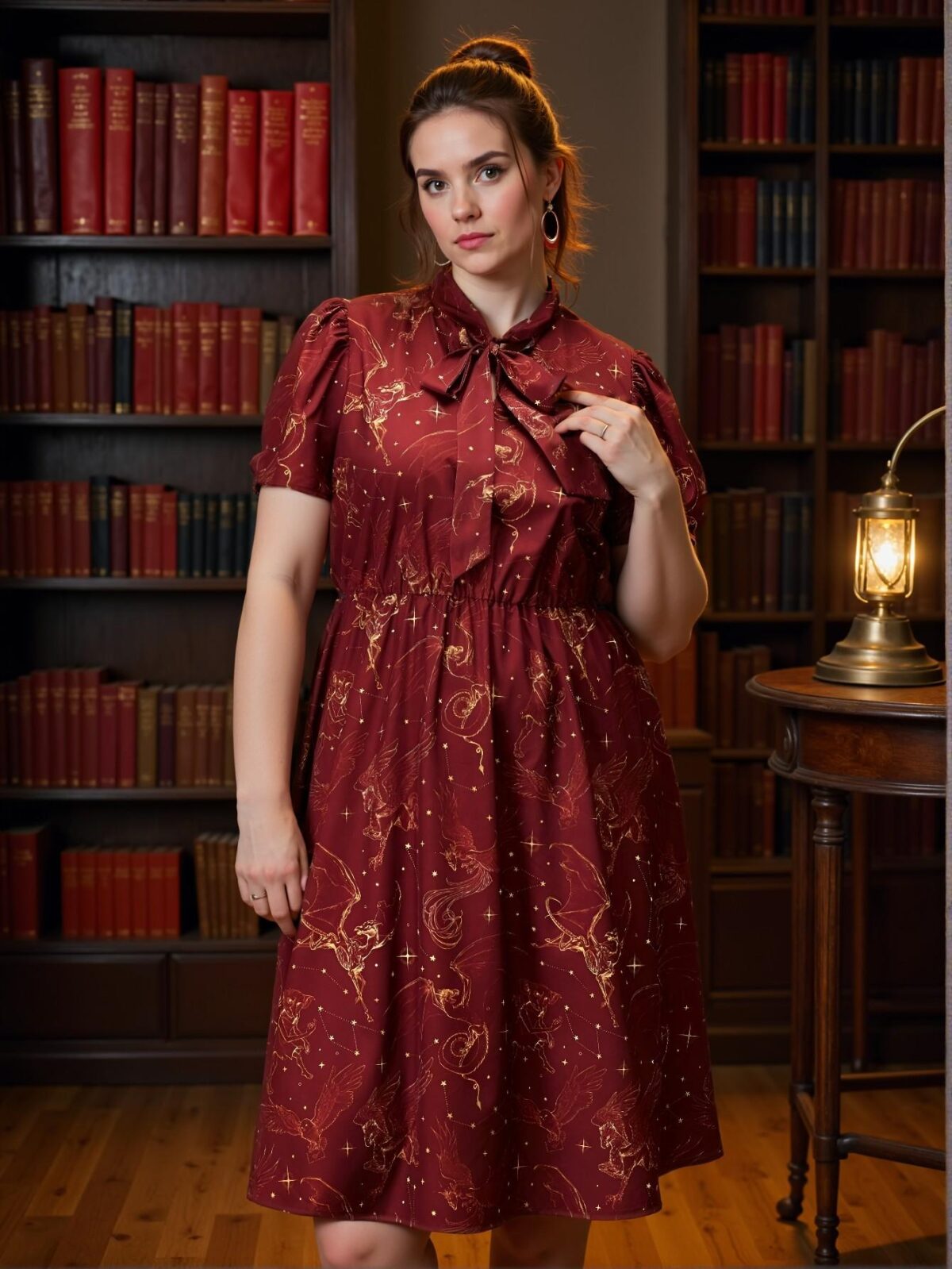 Elegant Burgundy Alluring Plus Size Tie Neck Puff Sleeve Flared Magical Creature Print Summer Dress for Spring and Summer Chic, Classy and Trendy Fashion Style to Dress to Impress - Image 3