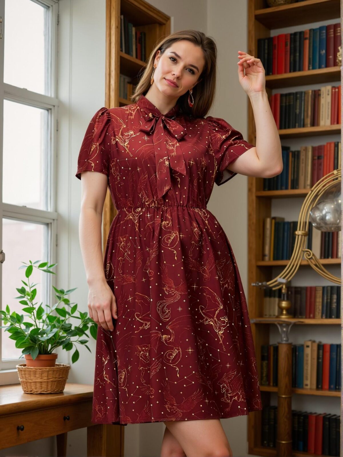 Elegant Burgundy Alluring Plus Size Tie Neck Puff Sleeve Flared Magical Creature Print Summer Dress for Spring and Summer Chic, Classy and Trendy Fashion Style to Dress to Impress - Image 4
