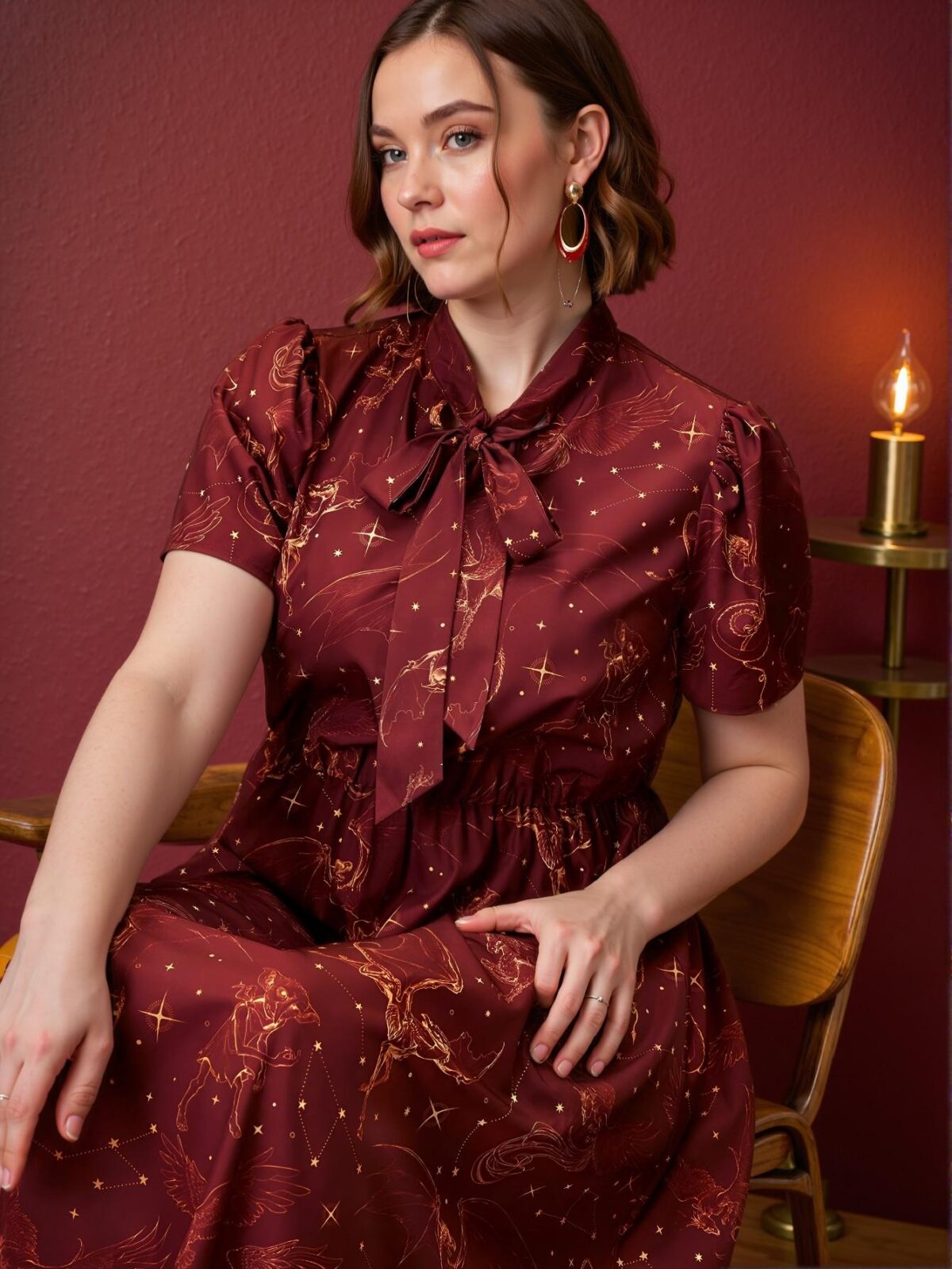 Elegant Burgundy Alluring Plus Size Tie Neck Puff Sleeve Flared Magical Creature Print Summer Dress for Spring and Summer Chic, Classy and Trendy Fashion Style to Dress to Impress - Image 5