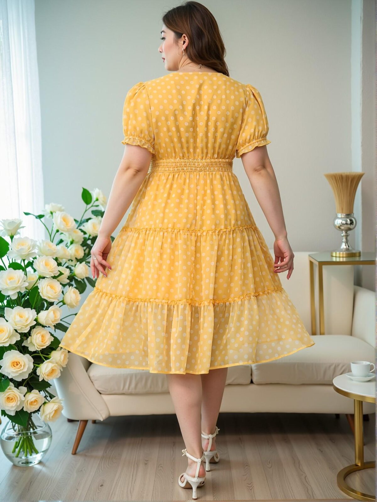 Elegant Yellow Shirred Puff Sleeve Midi Dress with Ruffle Hem for Summer Chic, Classy and Trendy Fashion Style to Dress to Impress - Image 2