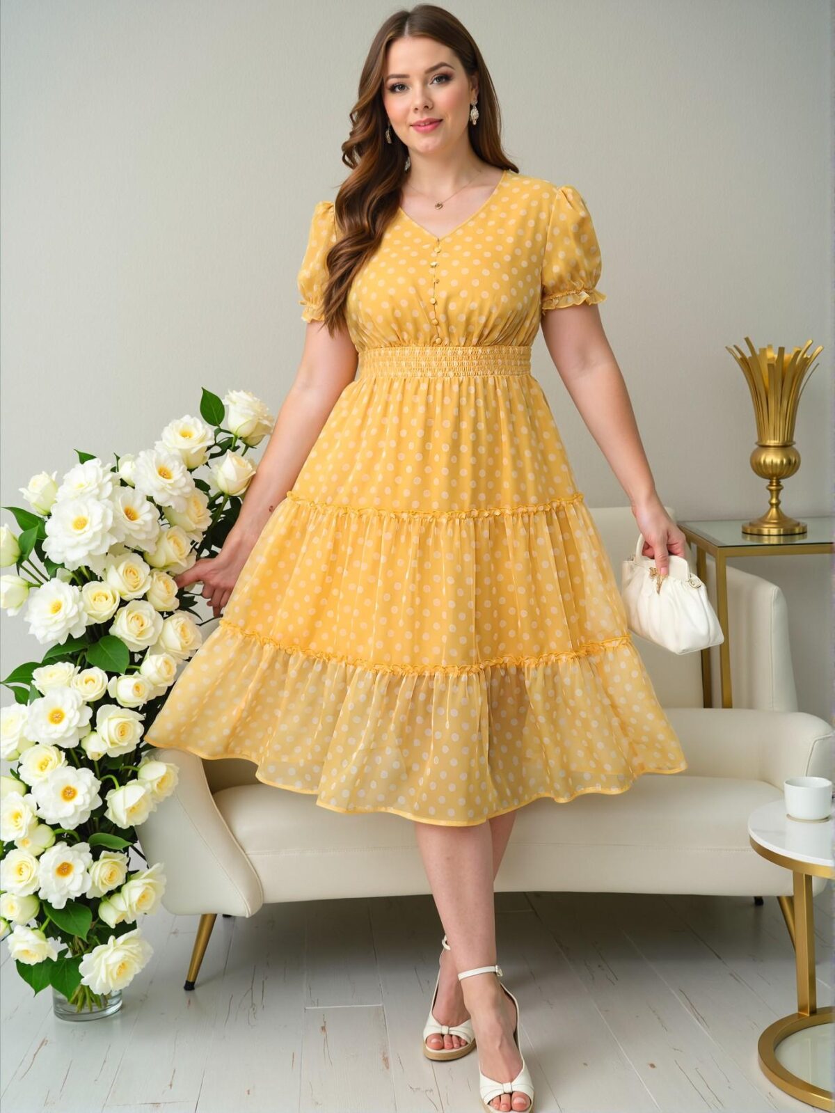 Elegant Yellow Shirred Puff Sleeve Midi Dress with Ruffle Hem for Summer Chic, Classy and Trendy Fashion Style to Dress to Impress - Image 3