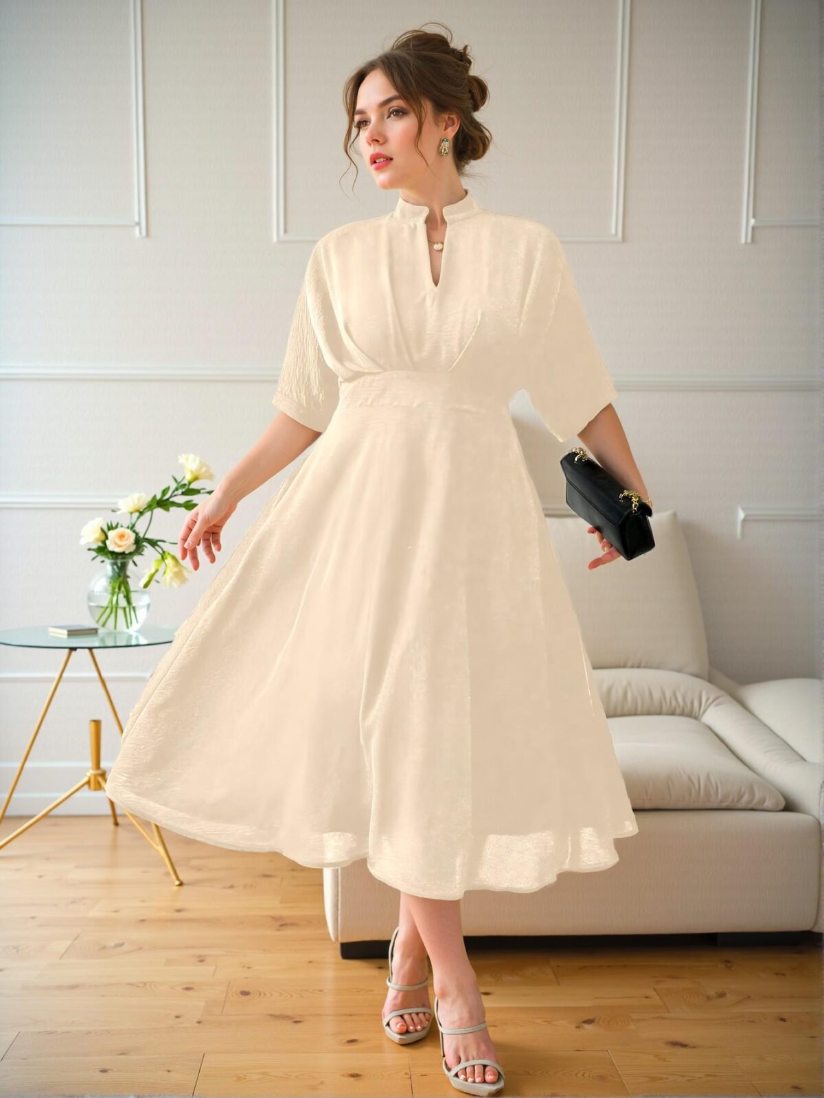 Elegant Beige Casual Pleated A-Line Midi Dress with Batwing Sleeves for Spring and Summer - Chic, Classy and Trendy Fashion Style to Dress to Impress