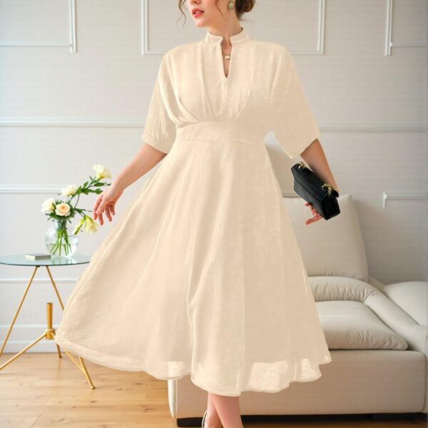 Elegant Beige Casual Pleated A-Line Midi Dress with Batwing Sleeves for Spring and Summer - Chic, Classy and Trendy Fashion Style to Dress to Impress