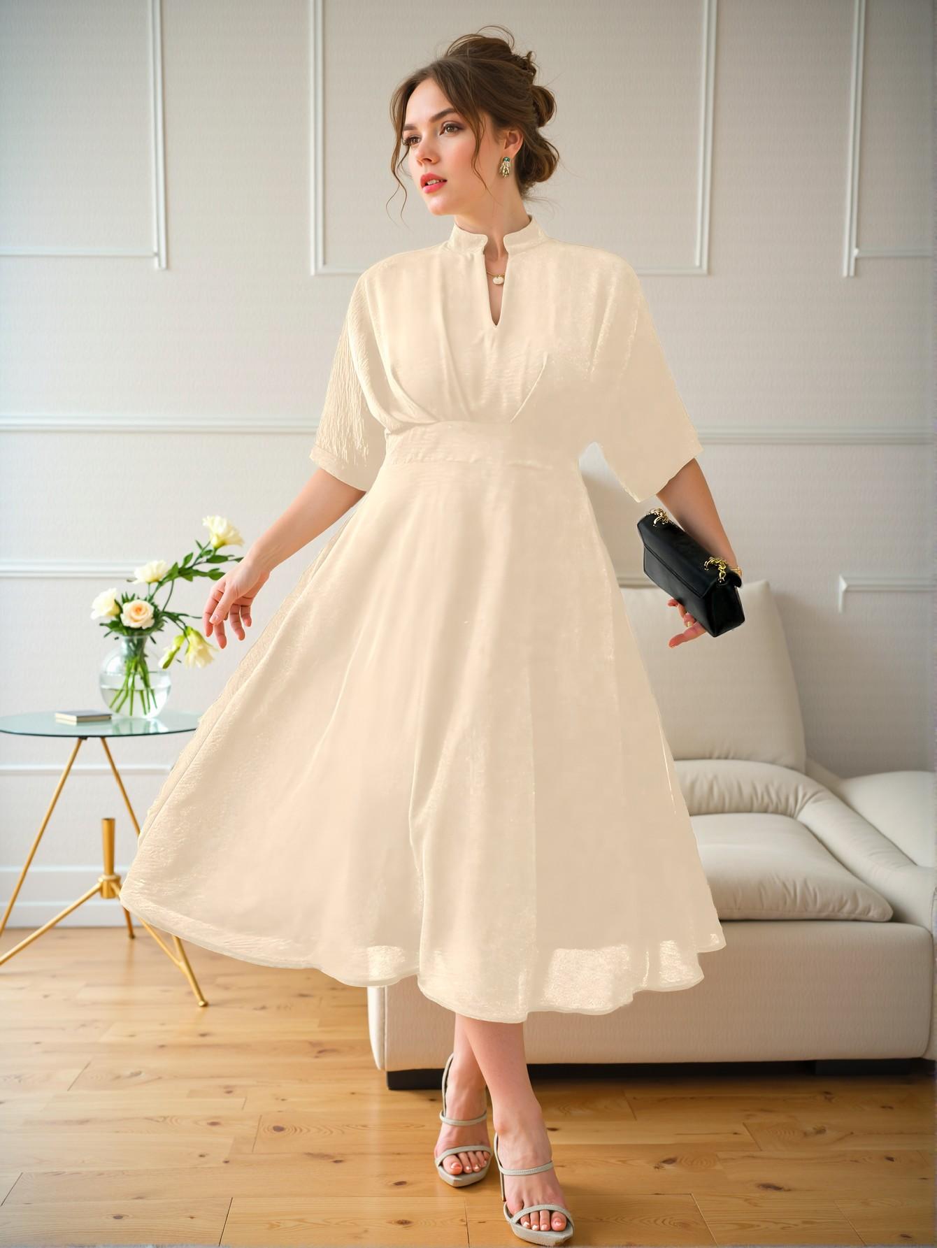 Elegant Beige Casual Pleated A-Line Midi Dress with Batwing Sleeves for Spring and Summer - Chic, Classy and Trendy Fashion Style to Dress to Impress