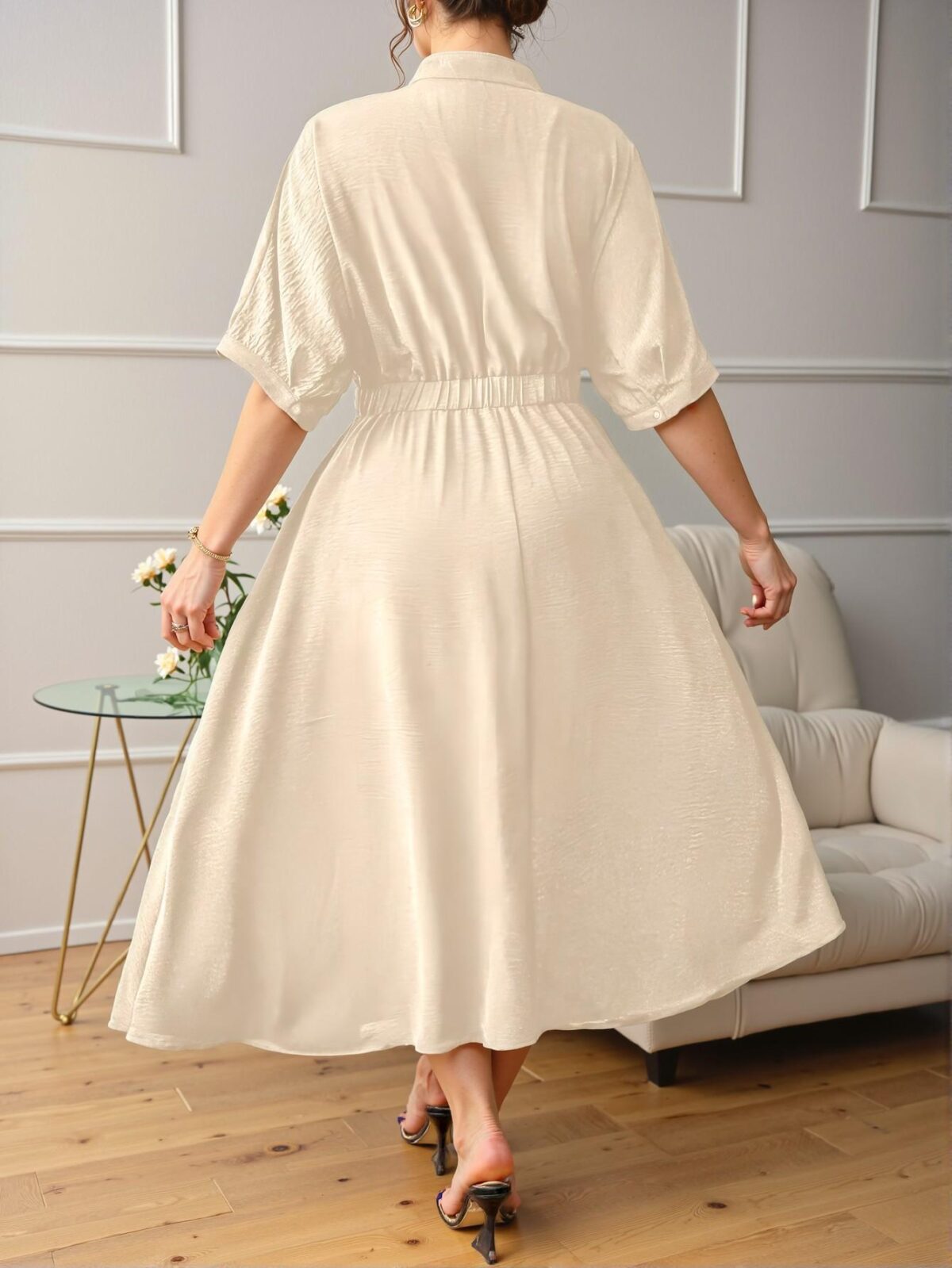 Elegant Beige Casual Pleated A-Line Midi Dress with Batwing Sleeves for Spring and Summer - Chic, Classy and Trendy Fashion Style to Dress to Impress - Image 2