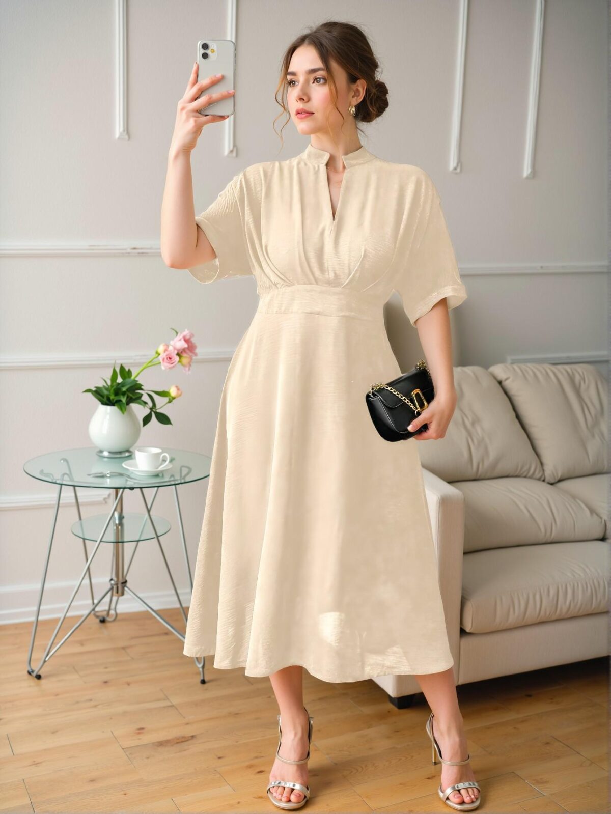Elegant Beige Casual Pleated A-Line Midi Dress with Batwing Sleeves for Spring and Summer - Chic, Classy and Trendy Fashion Style to Dress to Impress - Image 3