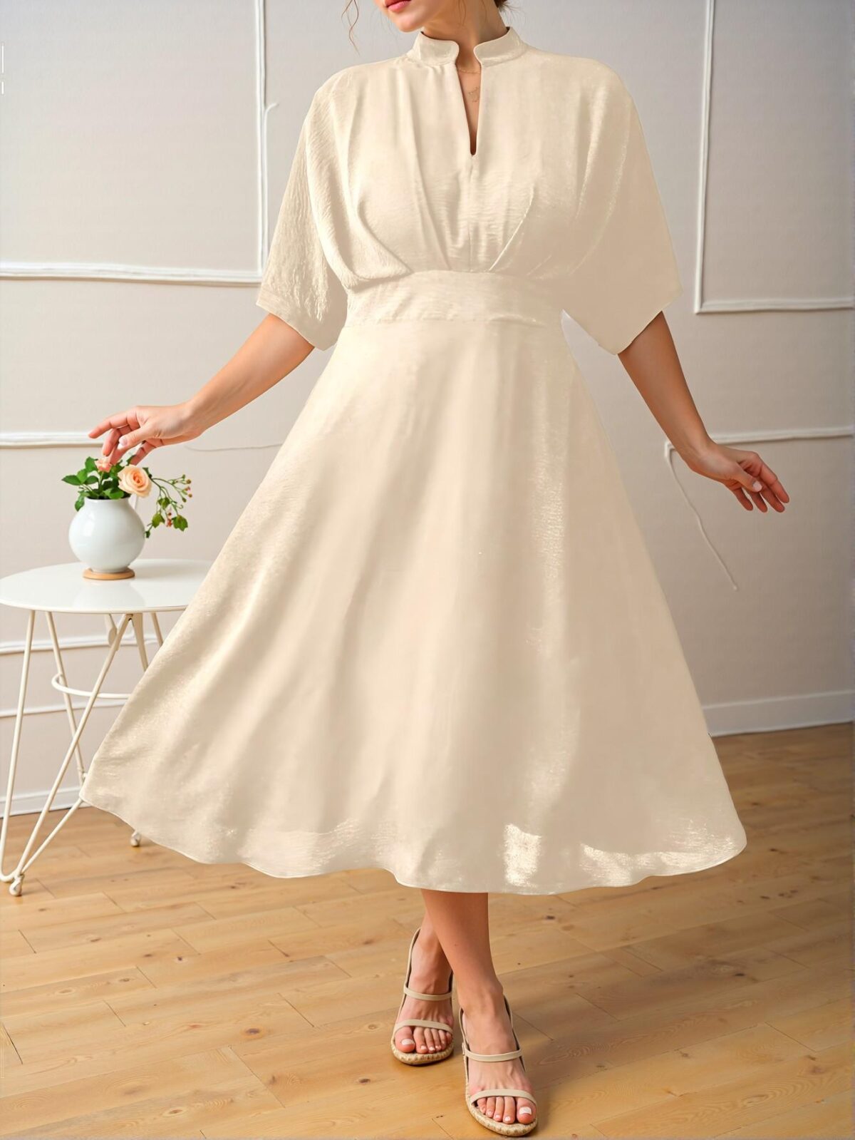 Elegant Beige Casual Pleated A-Line Midi Dress with Batwing Sleeves for Spring and Summer - Chic, Classy and Trendy Fashion Style to Dress to Impress - Image 4