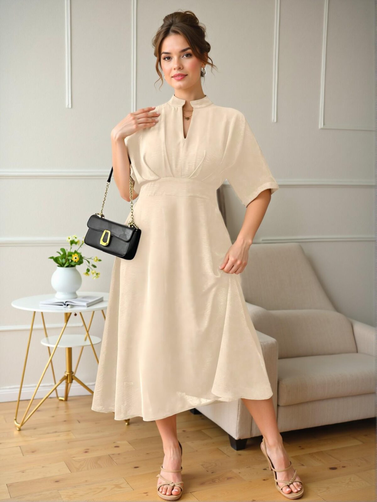 Elegant Beige Casual Pleated A-Line Midi Dress with Batwing Sleeves for Spring and Summer - Chic, Classy and Trendy Fashion Style to Dress to Impress - Image 5