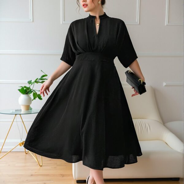 Elegant Black Plus Size Midi Dress with Ruffle Design and V-Neck – Perfect for Commuting in Spring and Summer – Chic, Classy, and Trendy Fashion Style to Dress to Impress