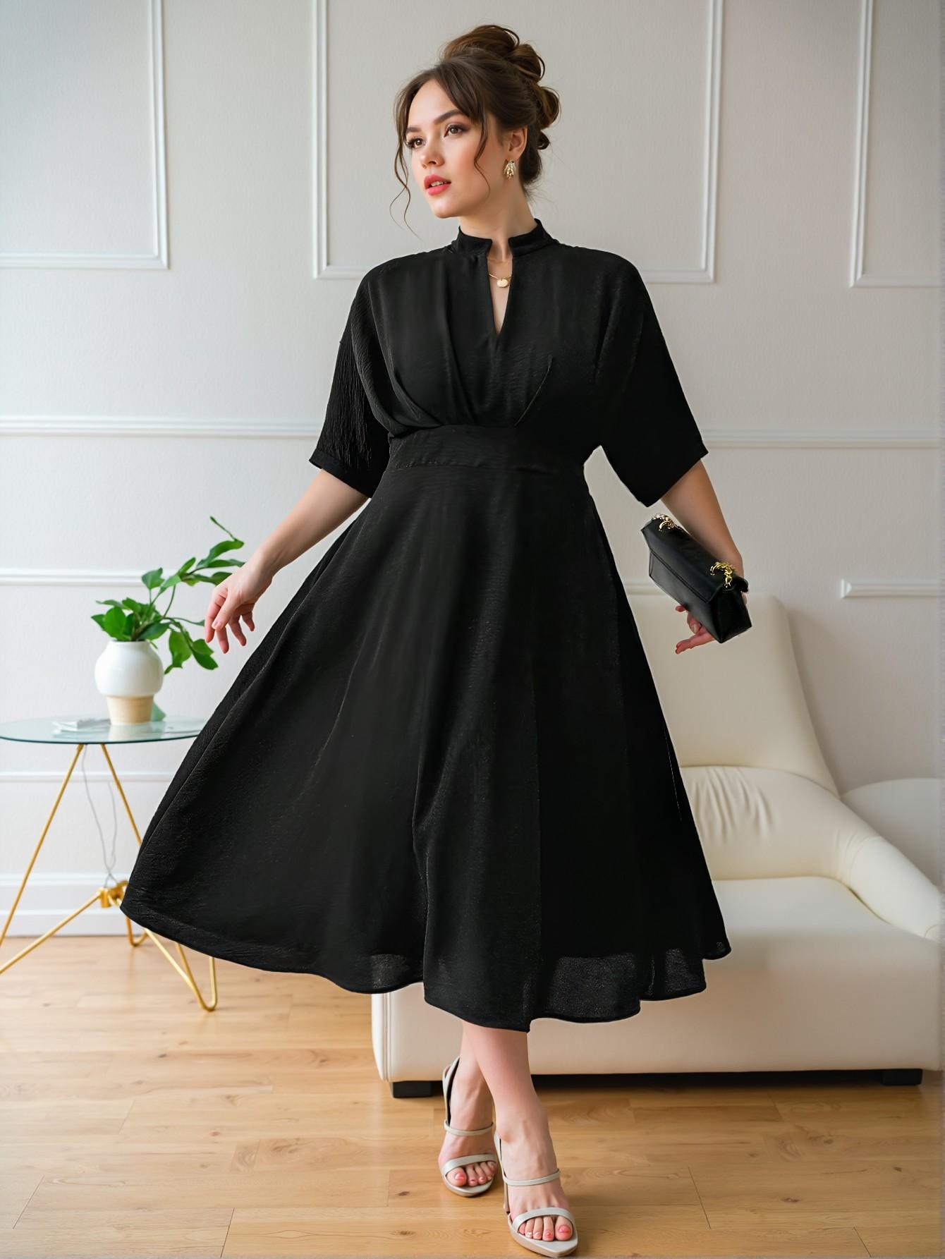 Elegant Black Plus Size Midi Dress with Ruffle Design and V-Neck – Perfect for Commuting in Spring and Summer – Chic, Classy, and Trendy Fashion Style to Dress to Impress