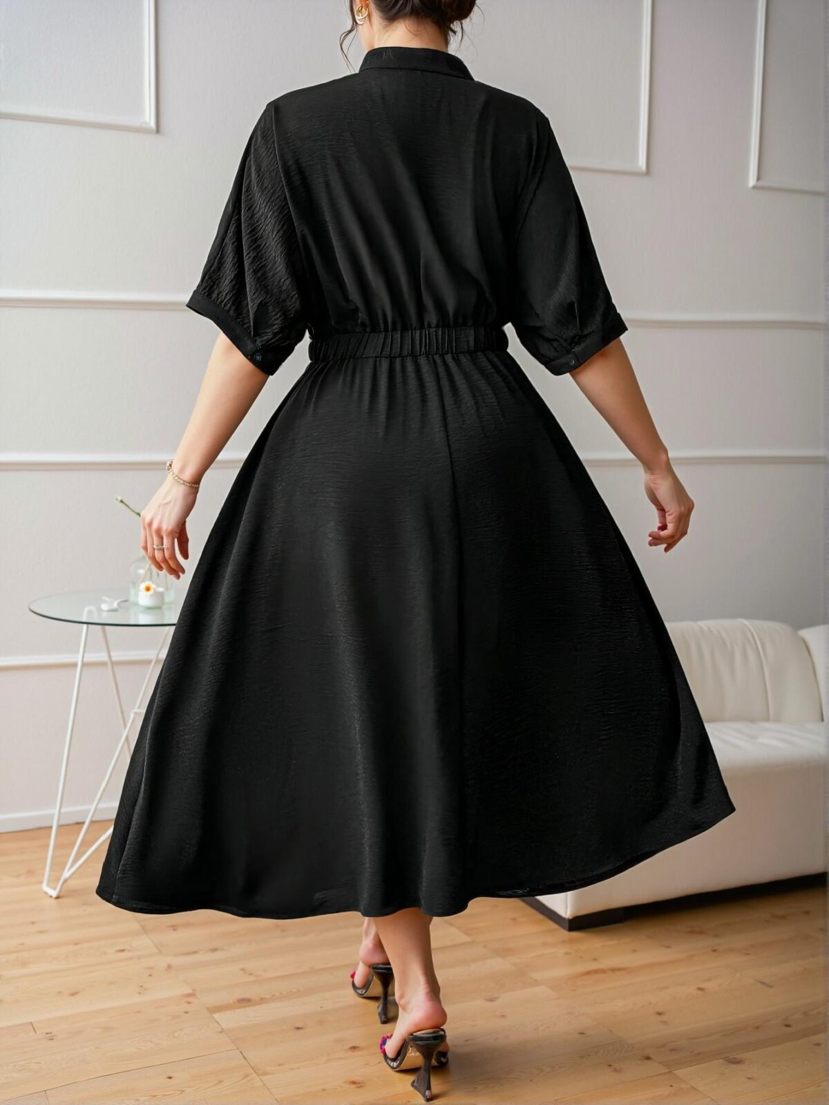 Elegant Black Plus Size Midi Dress with Ruffle Design and V-Neck – Perfect for Commuting in Spring and Summer – Chic, Classy, and Trendy Fashion Style to Dress to Impress - Image 2